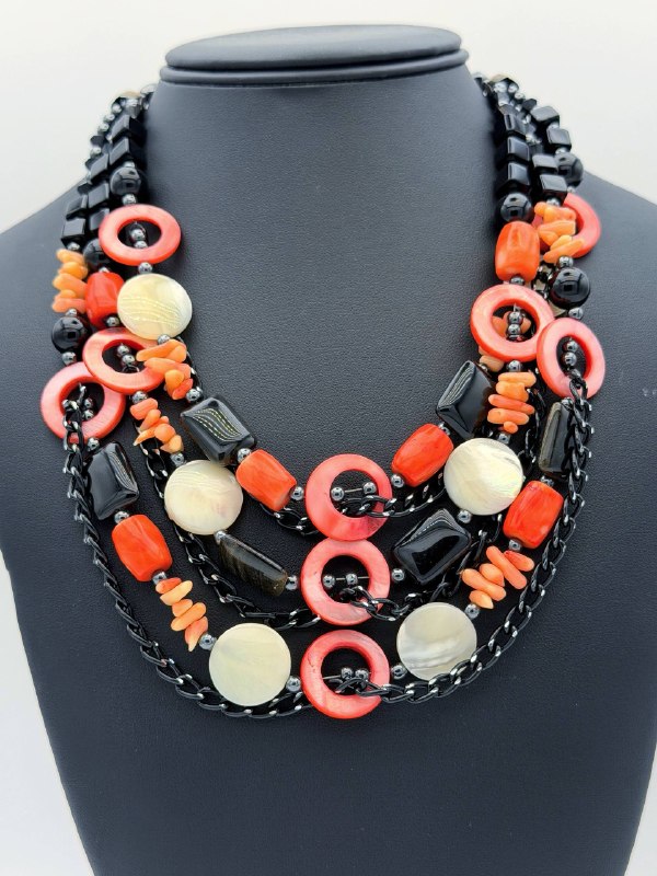Coral Onyx Pearl Multi Strand Bead Necklace