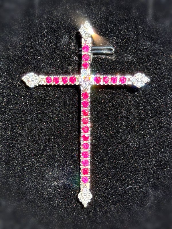 18k White Gold Diamond Ruby Cross Charm Pendant