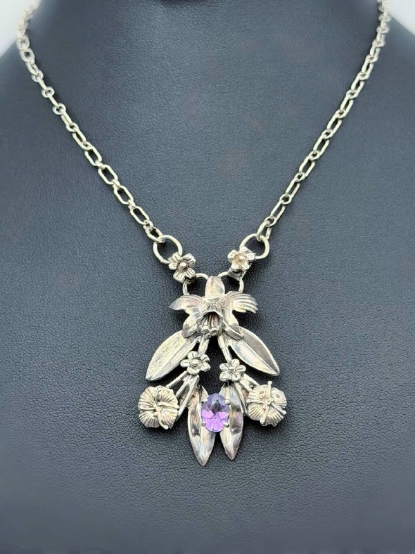 Vintage 925 Sterling Silver Amethyst Orchid Necklace