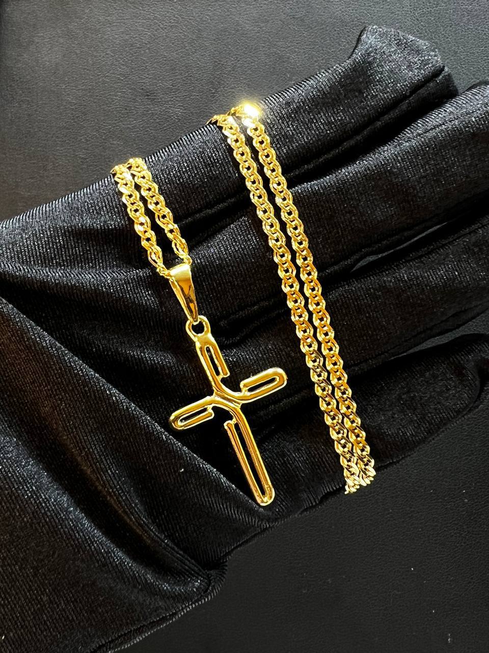 18k Yellow Gold Double Curb Chain with Cross
