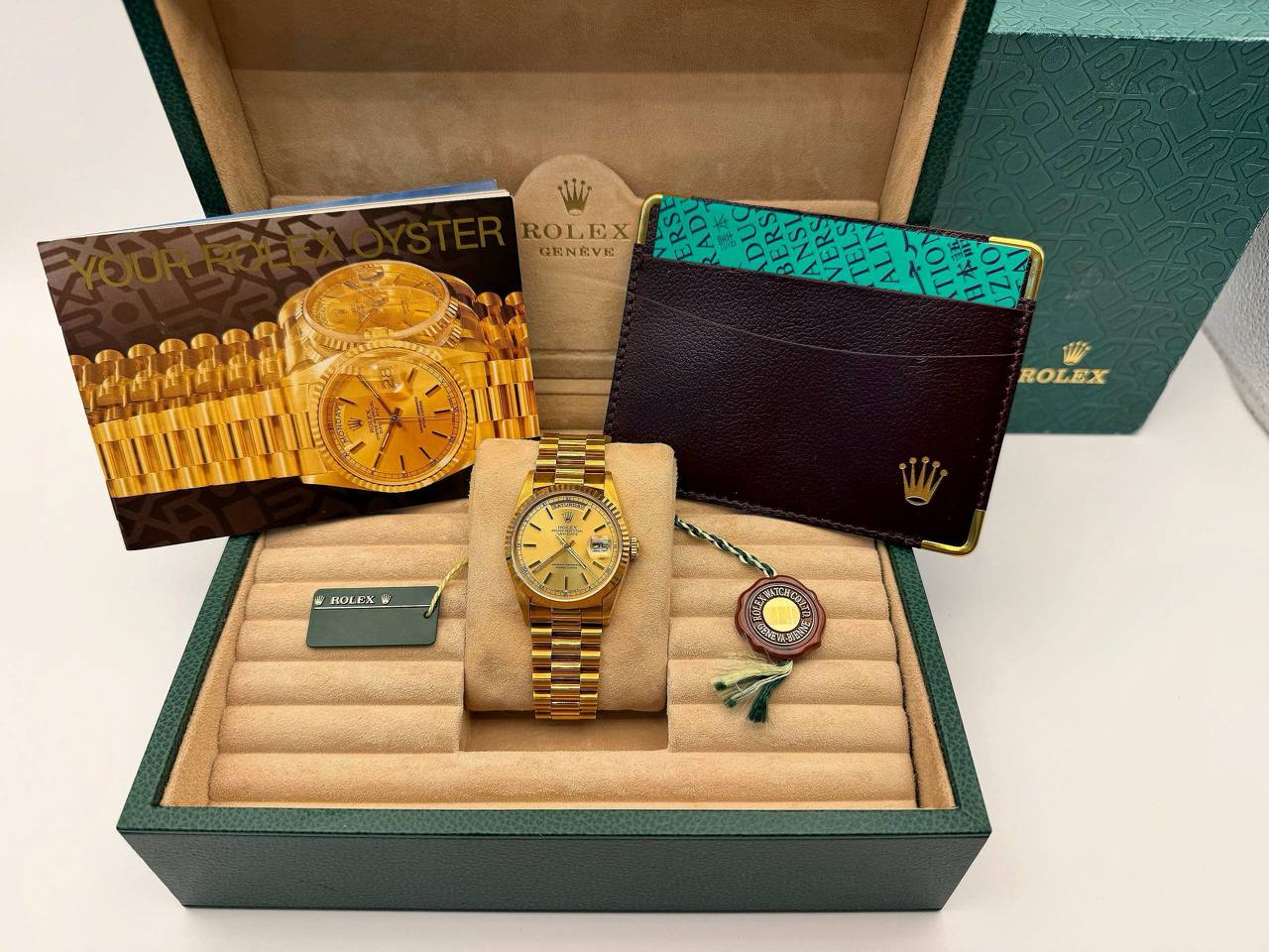 1994 NOS Rolex Day-Date 36mm 18238 Factory Champagne Dial Double Quickset Unpolished Box Tags Booklets