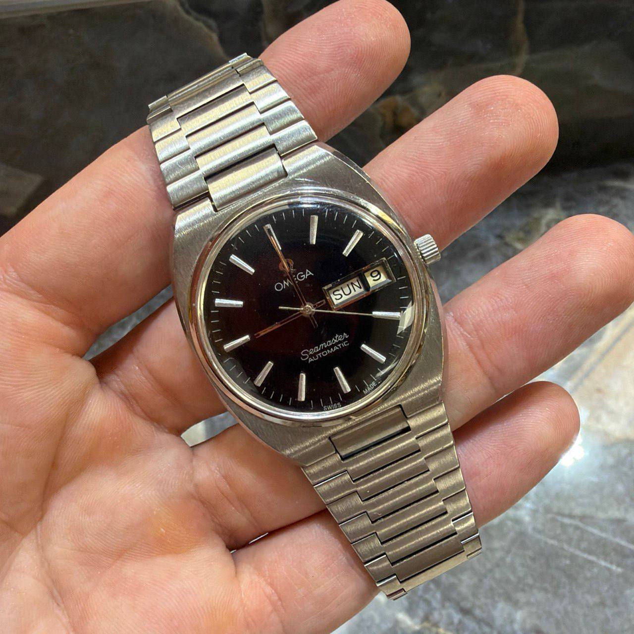 Vintage Omega Seamaster Day-Date 35x40mm Automatic Watch Only Black Dial Stainless Steel Ref: 166.0216