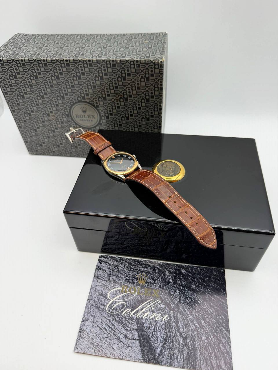 Rolex Cellini Danaos 32mm Black & Grey Arabic Dial 18k Solid Yellow Gold Bezel 4233 Brown Crocodile Bracelet Box Booklet