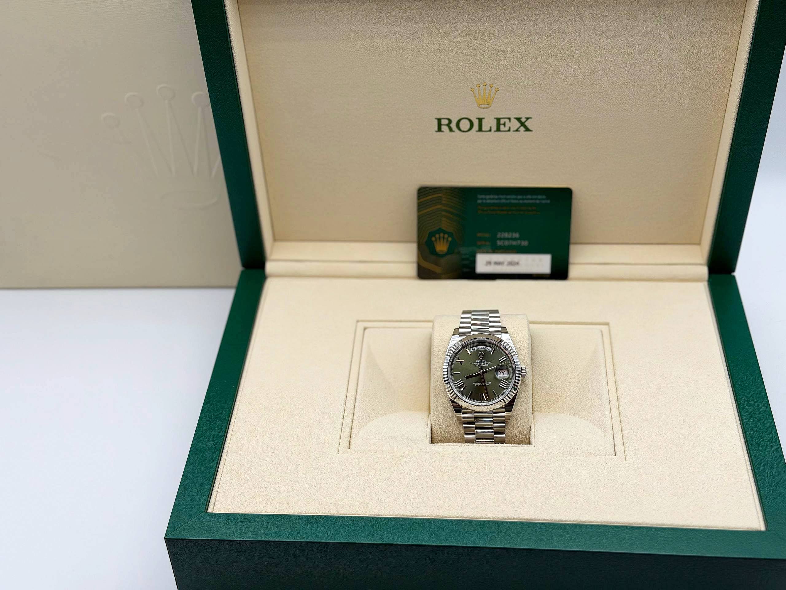 2024 Rolex Day-Date President 40mm Platinum 228236 Rare Olive Roman Dial & Arabic Day/Date Wheel Box & Card