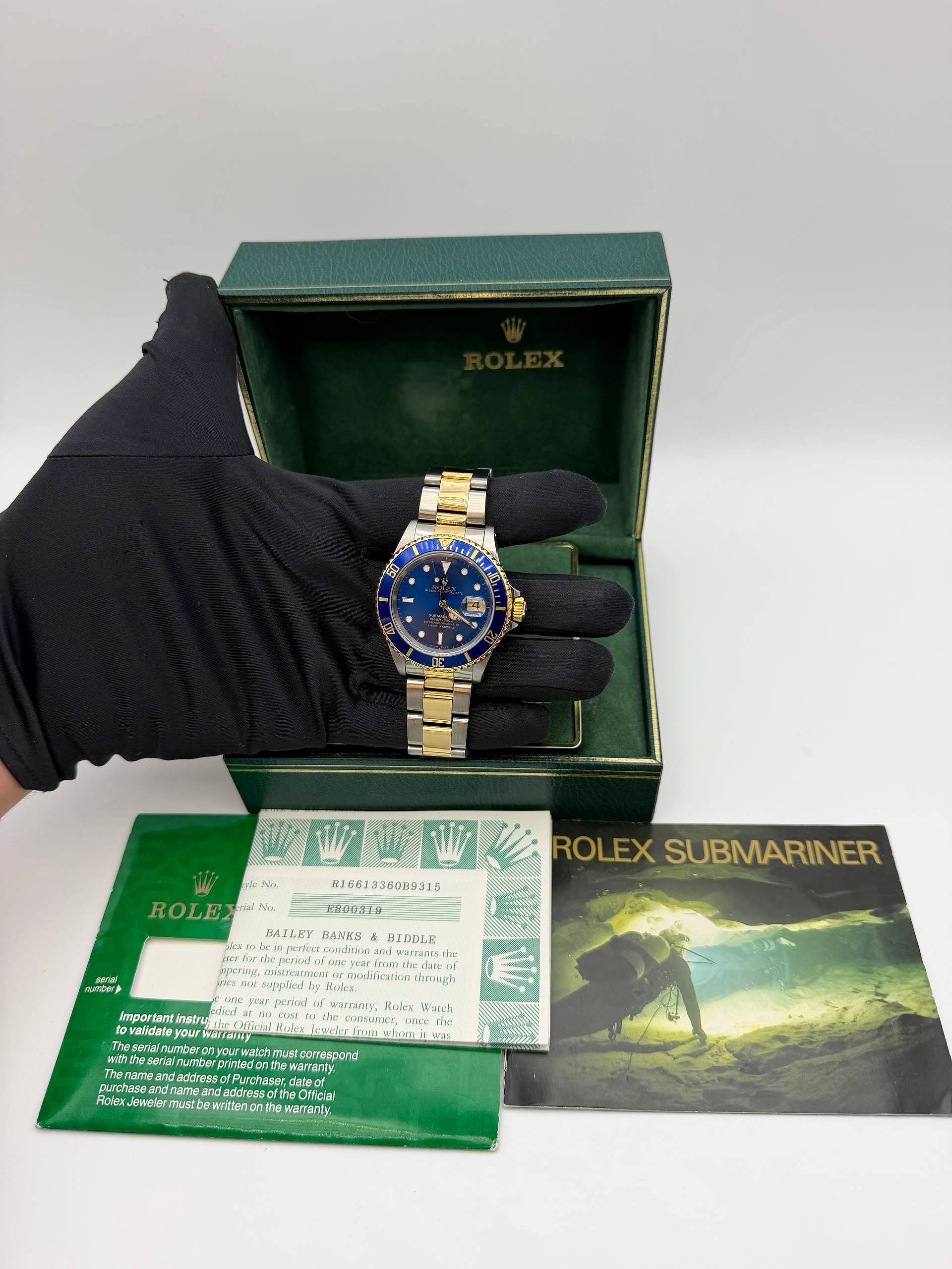 1990 Rolex Submariner Date 40mm Bluessy Blue Dial & Bezel 18k Yellow Gold & Steel Oyster Bracelet Box Papers Booklets