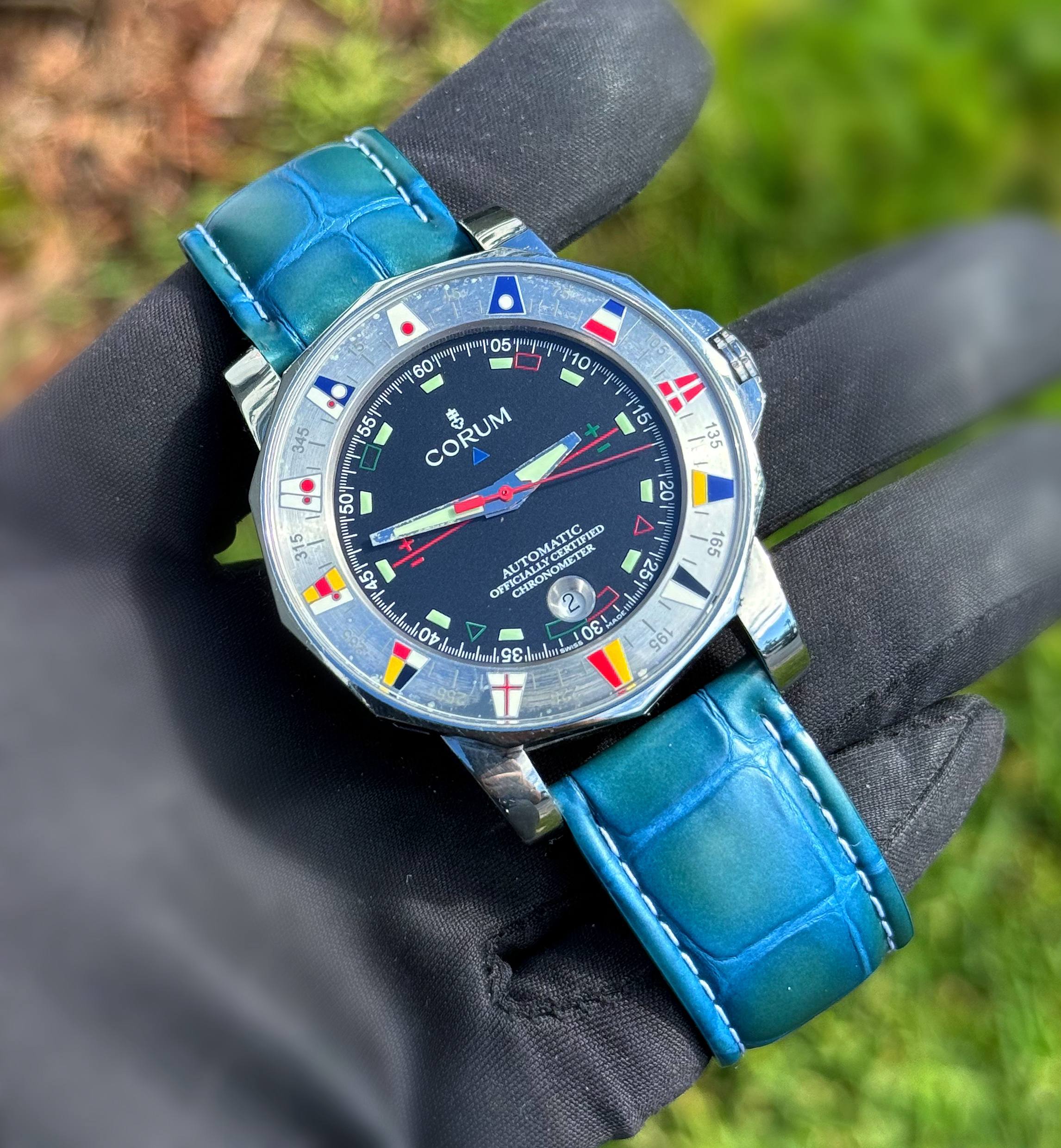 Corum Admirals Cup Watch Rare 982.630.20 Black Dial Red Hands 44mm Blue Genuine Leather Band Stainless Steel Bezel Watch