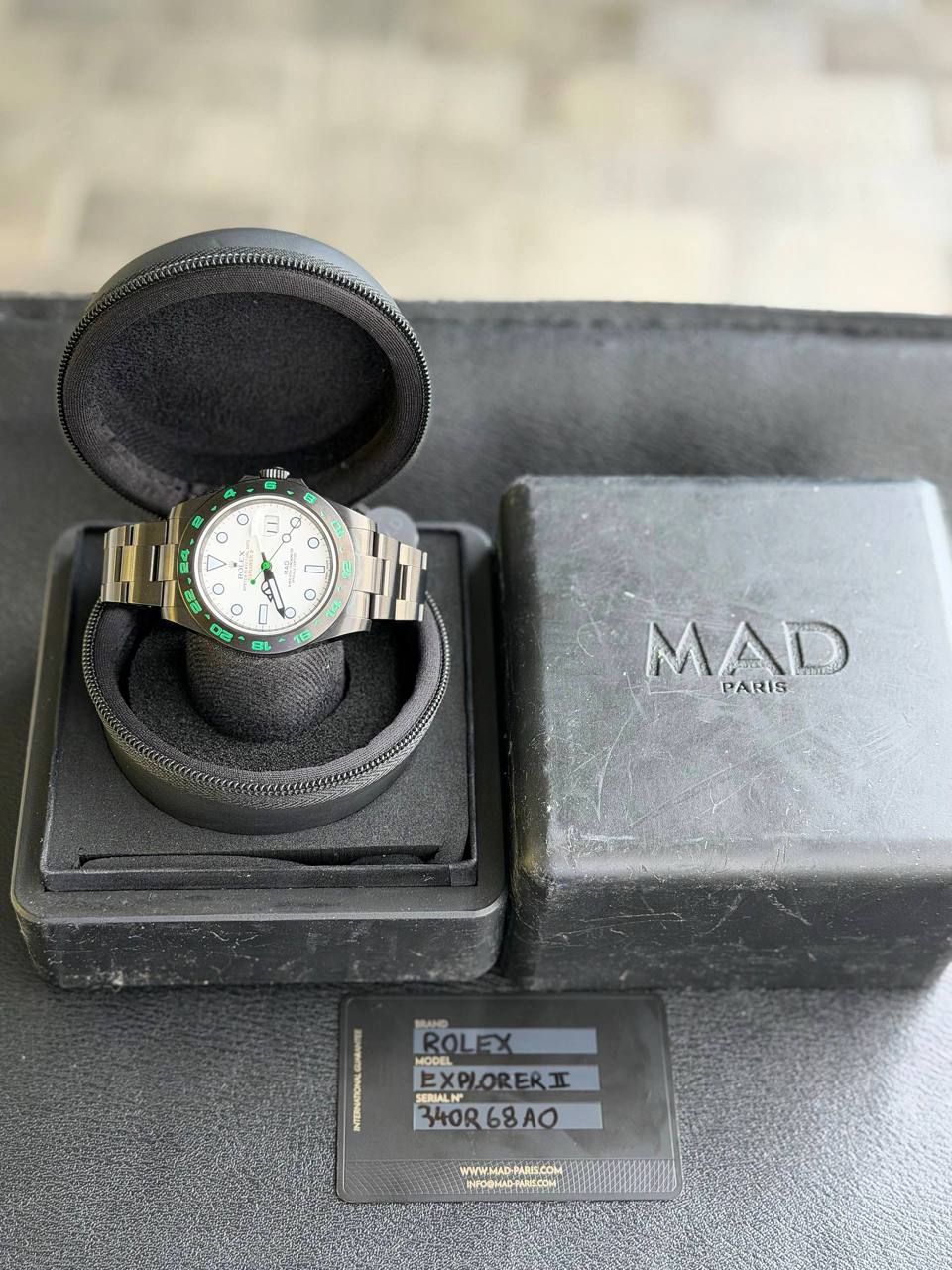 Rare Rolex Explorer II 42mm 216570 Polar White Dial Custom MAD Paris Black DLC/PVD Green Hand Bezel Box & Card