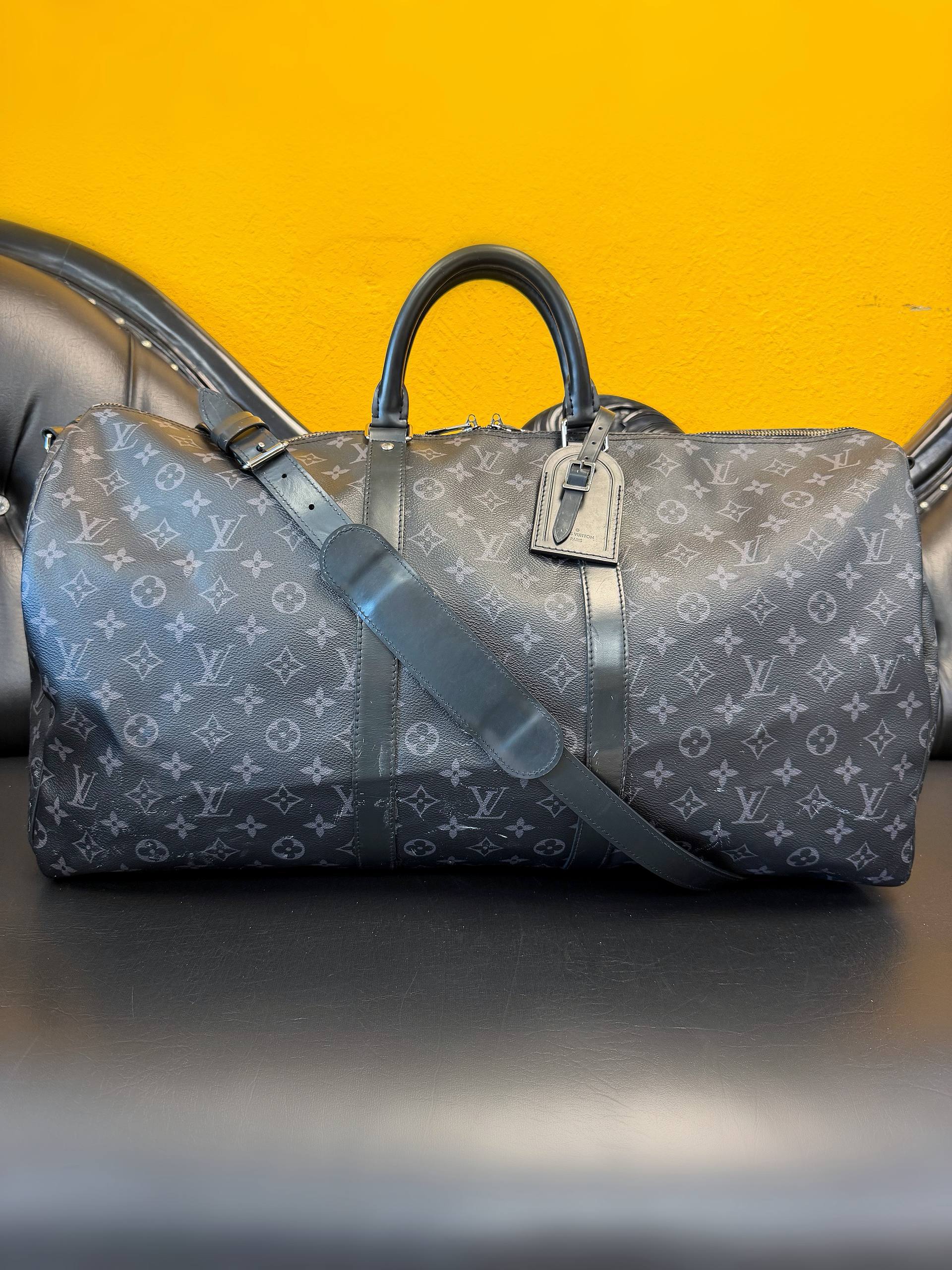 Louis Vuitton Monogram Eclipse Keepall 55 Bandouliere Duffle Black Travel Bag