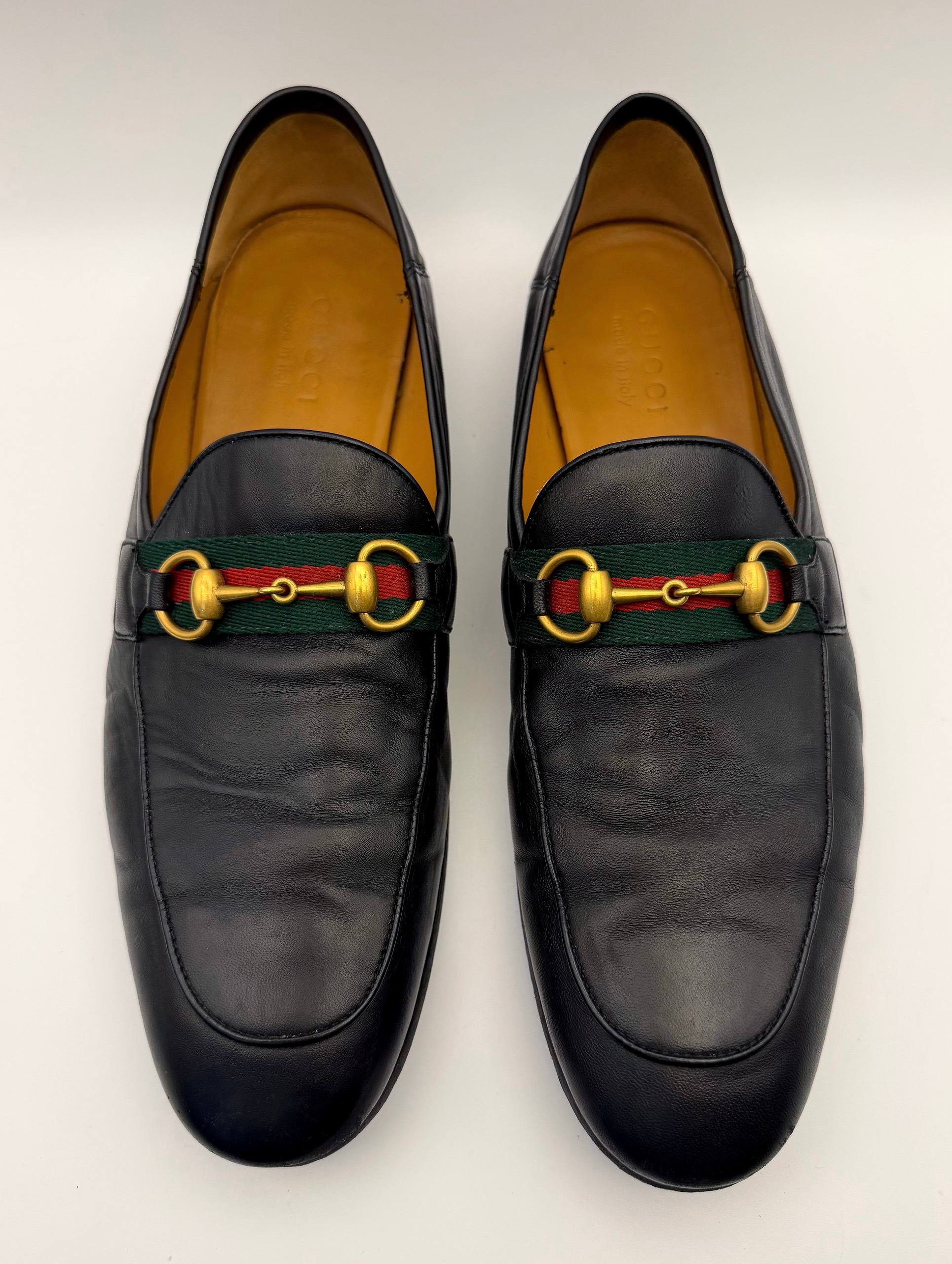 GUCCI Italy Gold Horsebit Black Leather Loafers Men’s Shoes Size 9.5