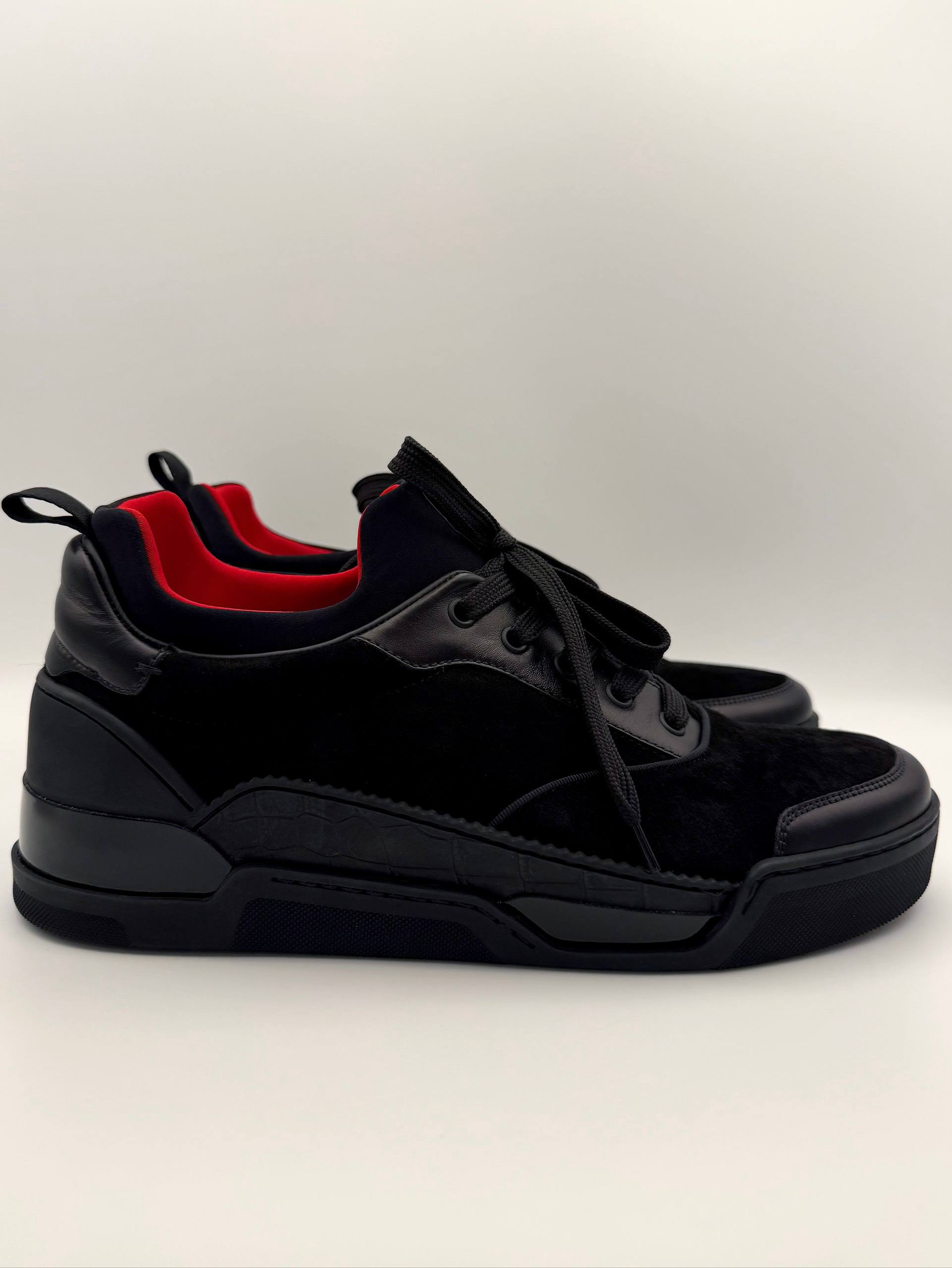 New Christian Louboutin Leather and Suede Flat 'All Black' Aurelien Sneakers Men’s Size 42.5