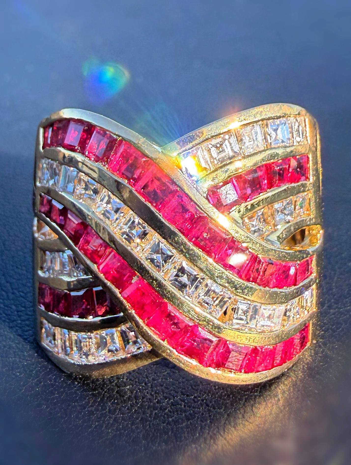18k Yellow Gold  Princess Cut Natural 3CTW Diamond & 3.2CTW Ruby Crossover Cocktail Ring Band Sz 8