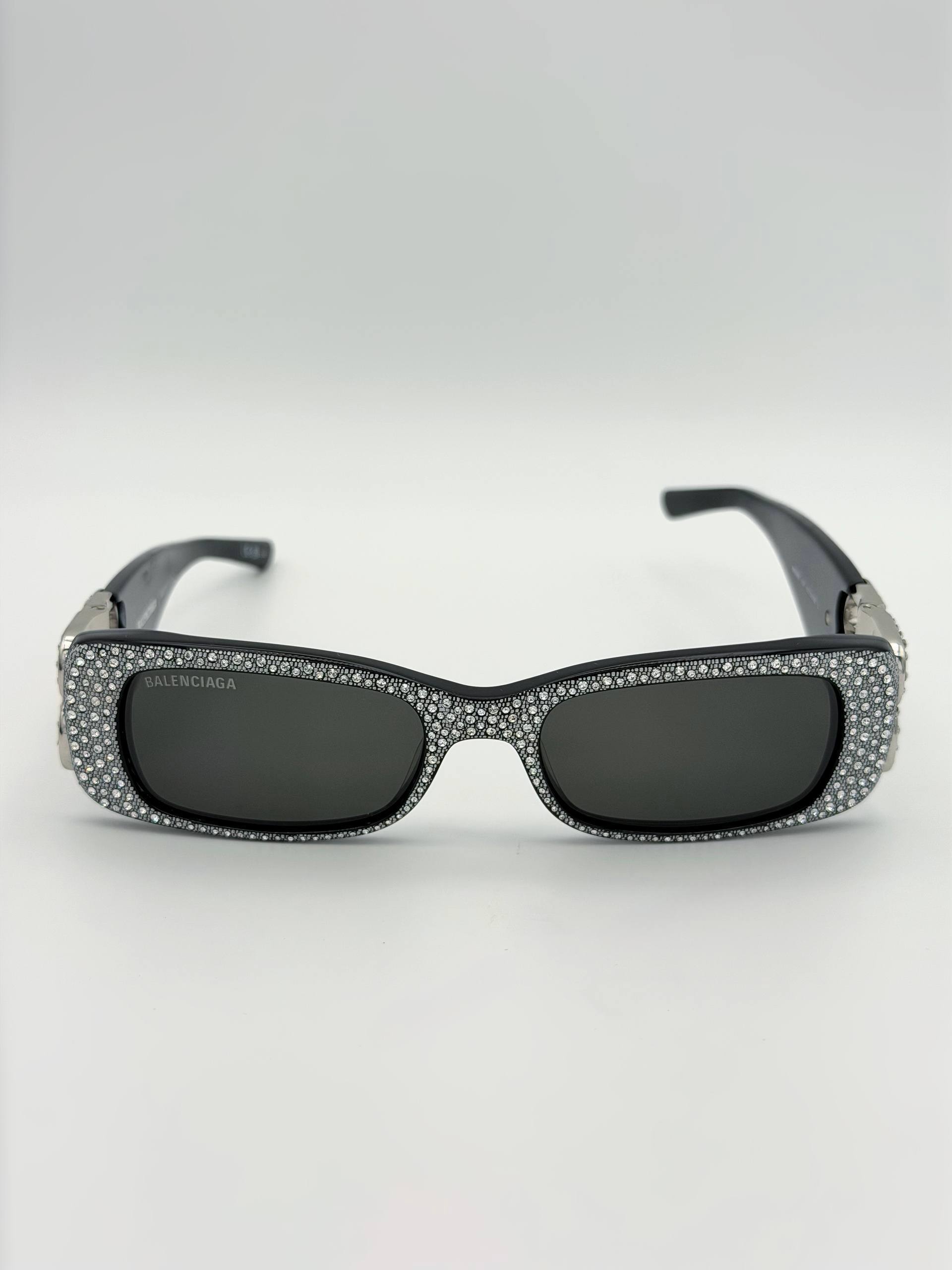 Balenciaga BB0096S 013 Dynasty Rectangular BB Logo Narrow Crystal Black Limited Sunglasses