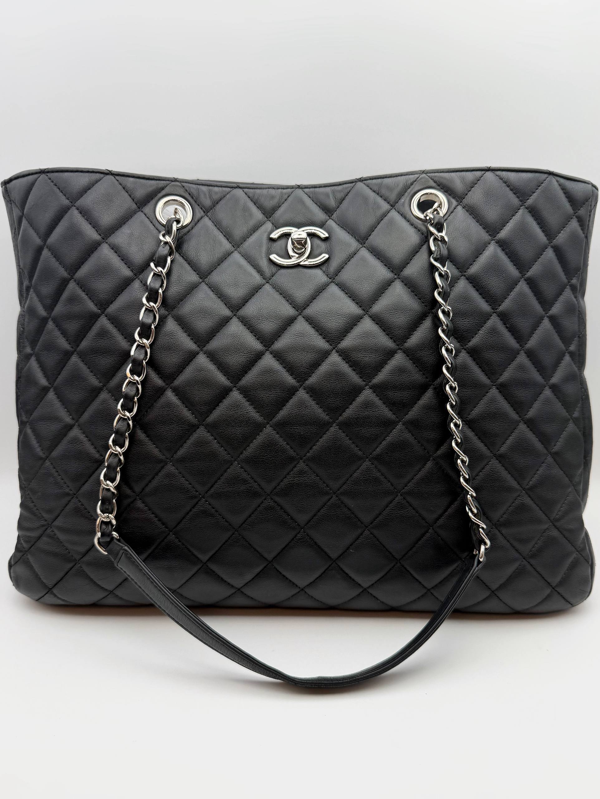 Chanel Classic CC Shopping Tote Black Lambskin Large Timeless Shoulder Bag Silver Hardware