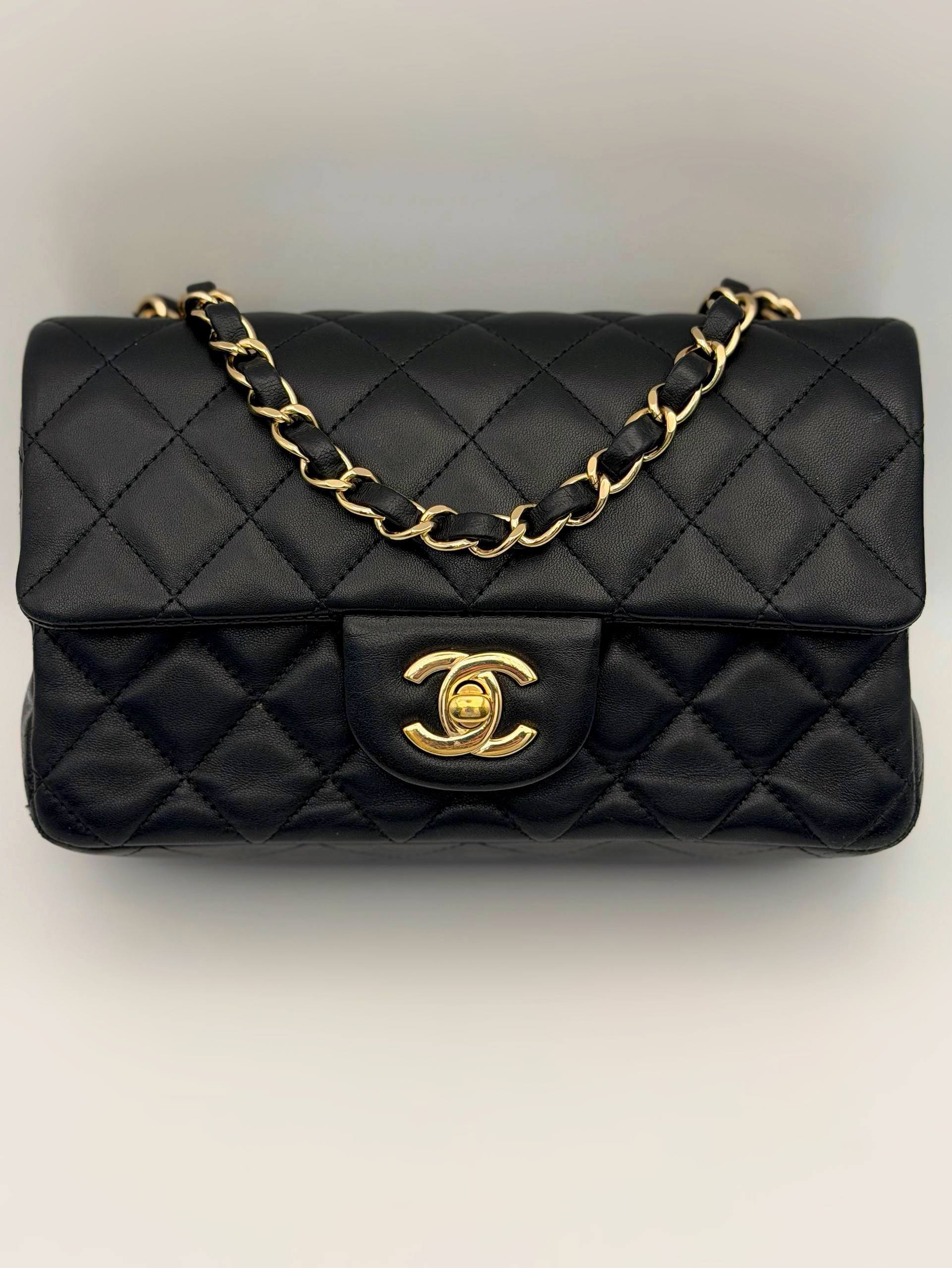Chanel Lambskin Quilted Rectangular Black Gold Hardware Mini Flap Bag