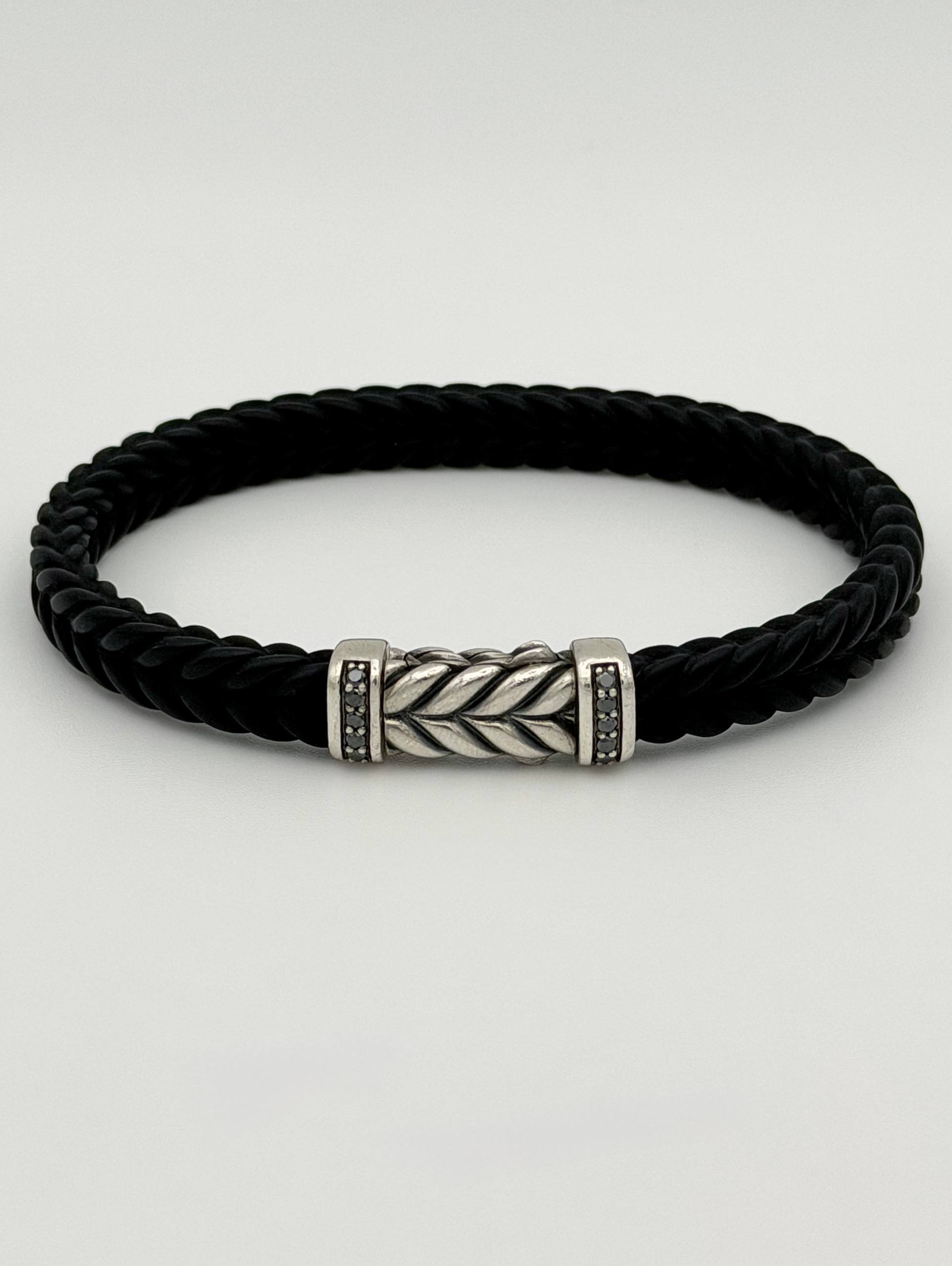 David Yurman Chevron Bracelet Black Rubber & Black Diamonds 925 Sterling Silver 9mm Medium size