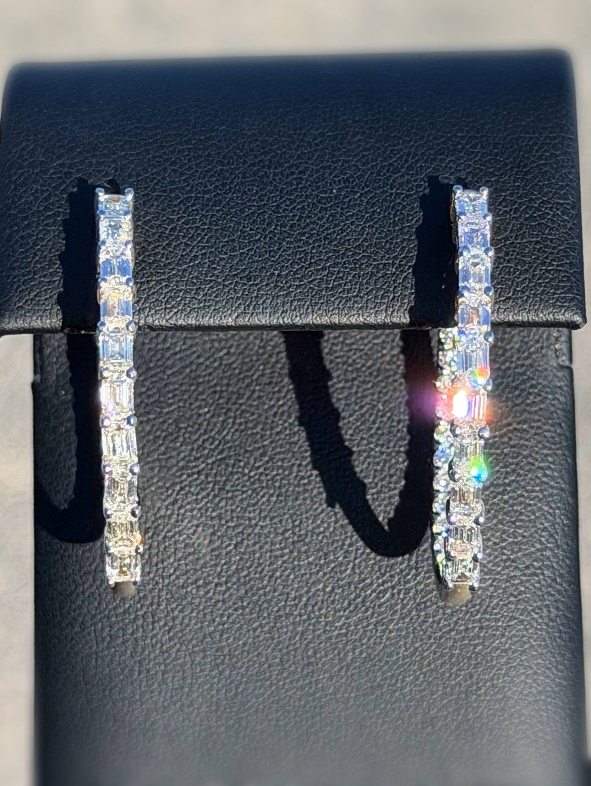 14k Yellow Gold 3.6 CTW Lab Grown Emerald & Round Cut Diamond Hoop Earrings