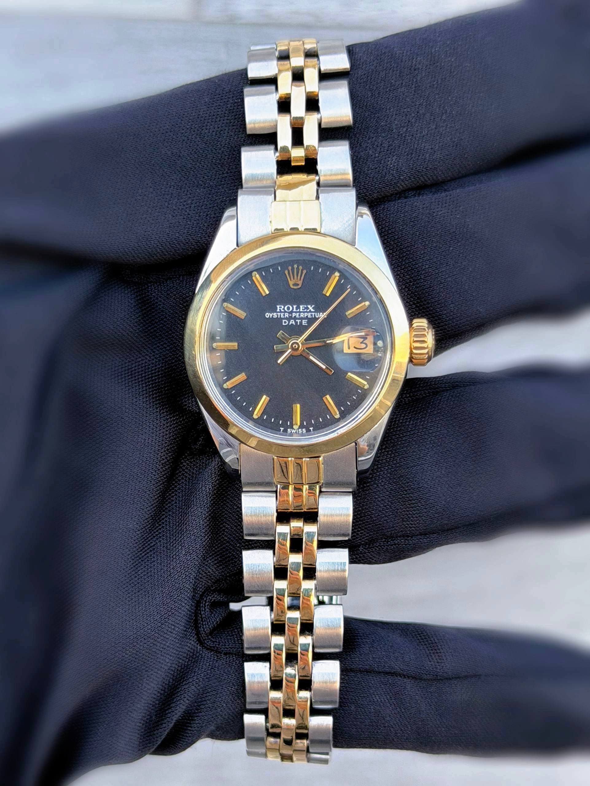 1971 Rolex Lady-Datejust 26mm 6916 Black Dial 18k Yellow Gold Smooth Bezel Jubilee Bracelet Box & Appraisal