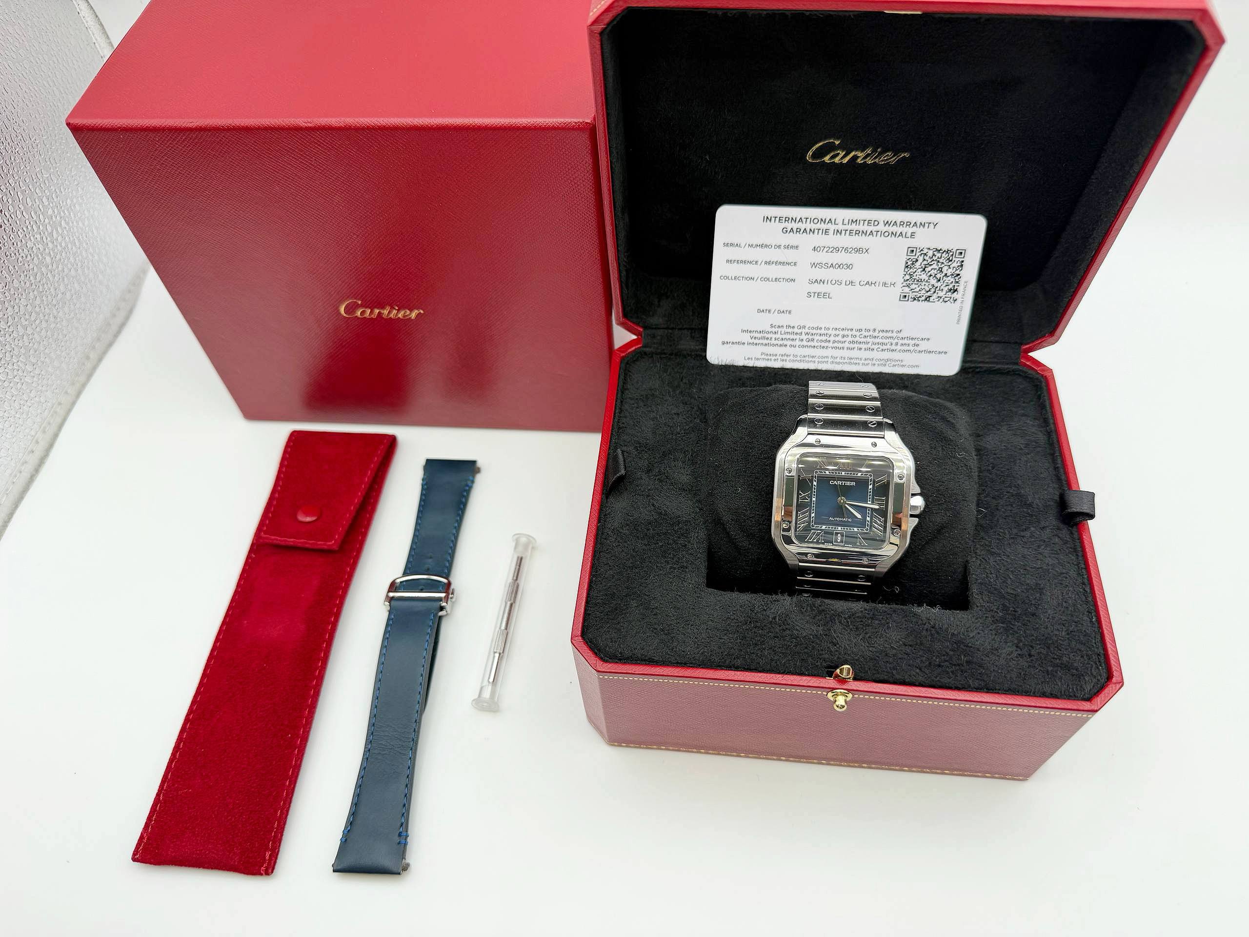 2025 Cartier Santos Blue Roman Dial Stainless Steel WSSA0030 Box Card Extra Leather Strap Full Set