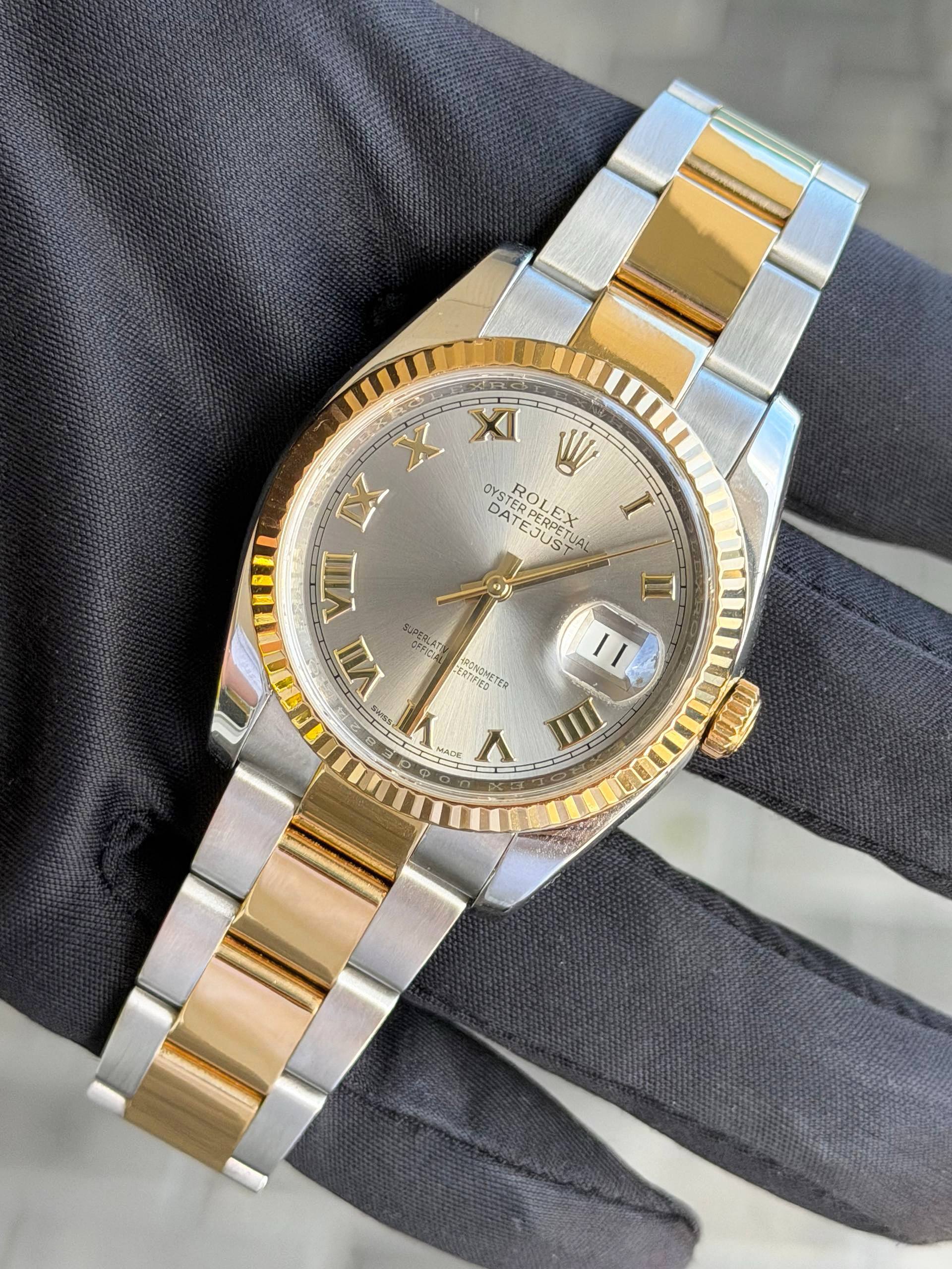 Rolex Datejust 36mm 116233 Silver Roman Dial Two Tone 18k yellow gold & stainless steel oyster bracelet watch appraisal