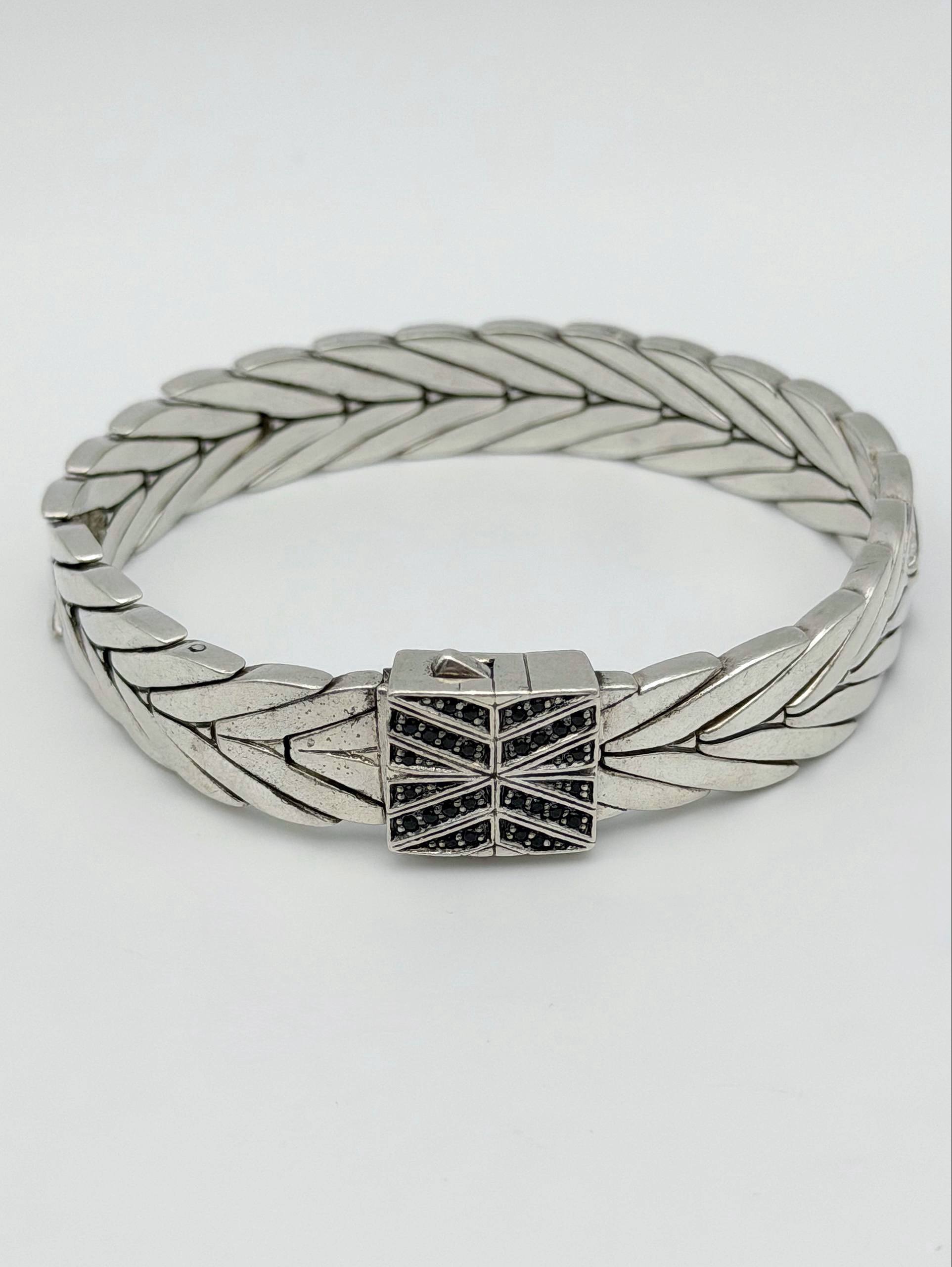 John Hardy 925 Sterling Silver Modern Chain Chevron Woven Black Sapphires Bracelet 7” 11mm