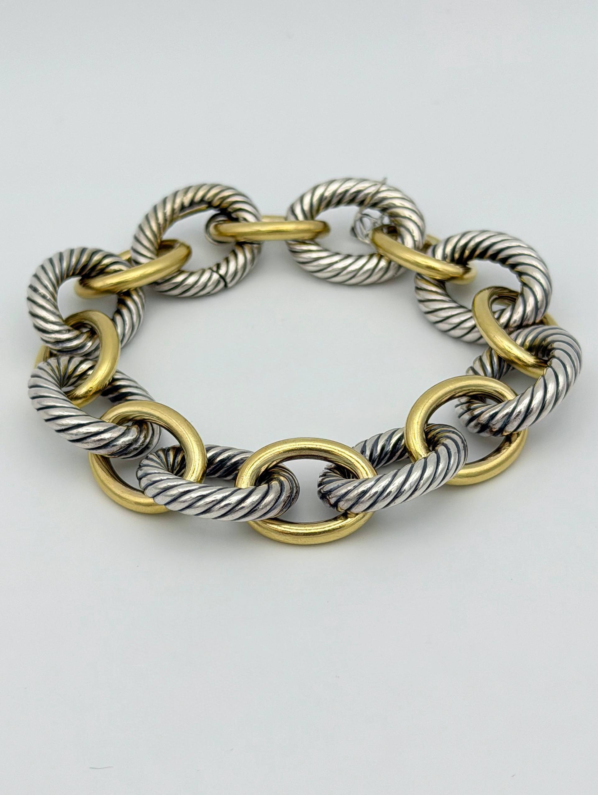 David Yurman XL Oval Link Cable Chain Bracelet 925 Sterling Silver & 18k Yellow Gold Two Tone 8.25” 18mm