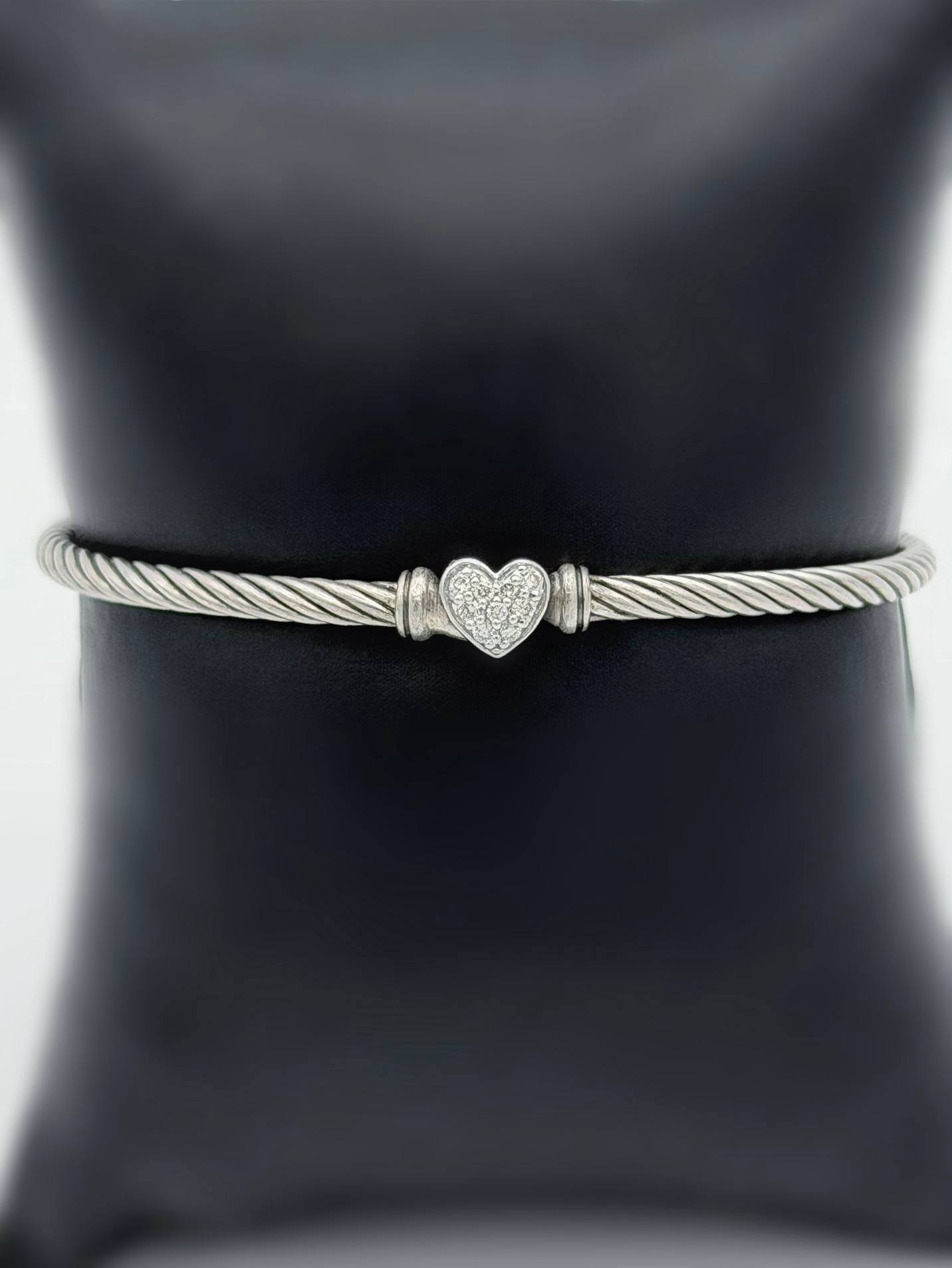David Yurman Micro Cable Flex Heart Station Bangle Bracelet 925 Sterling Silver & White Diamonds Small 2.6mm