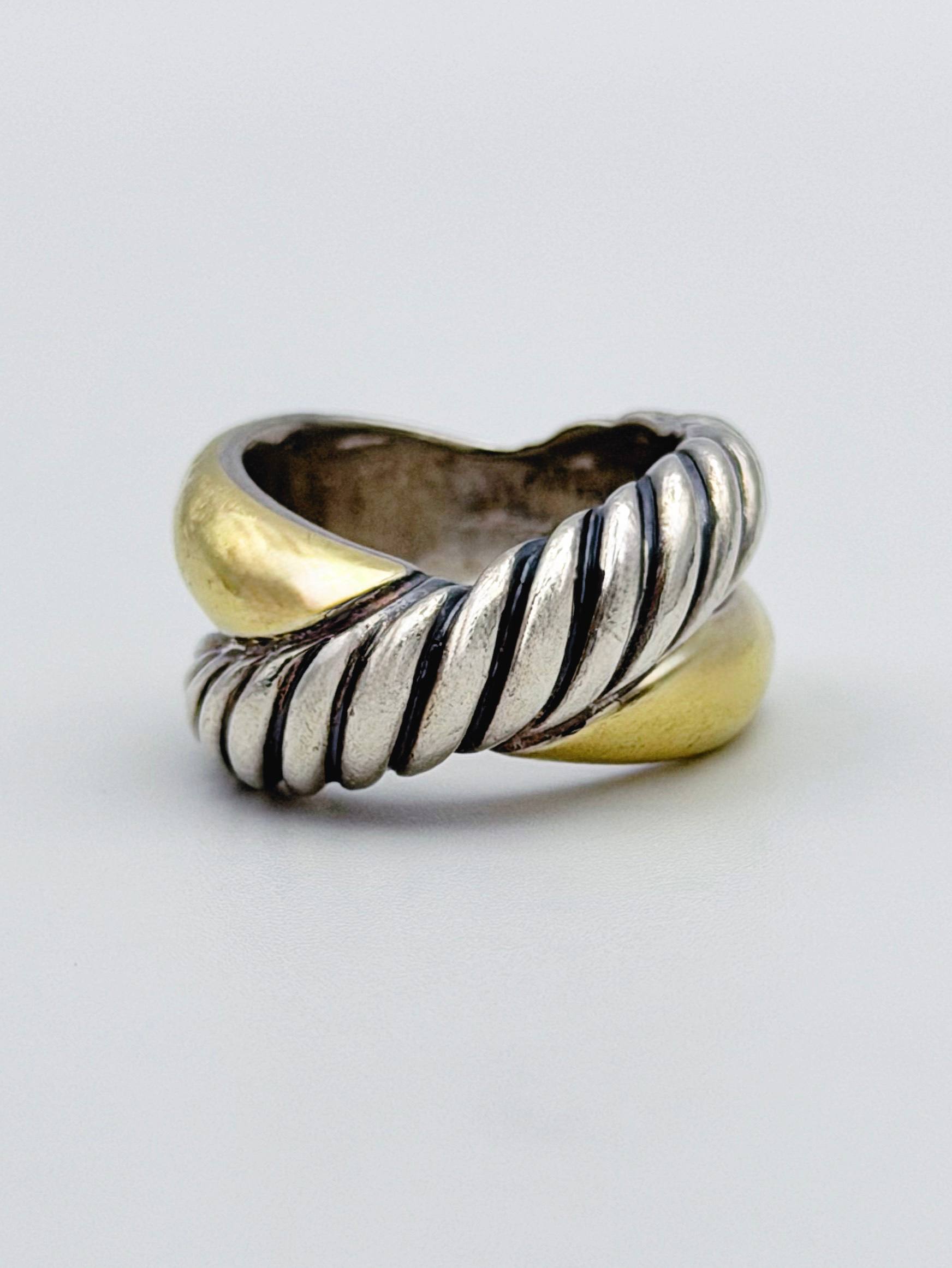 David Yurman 925 Sterling Silver & 18k Yellow Gold Cable Crossover X Two Tone Ring Size 7