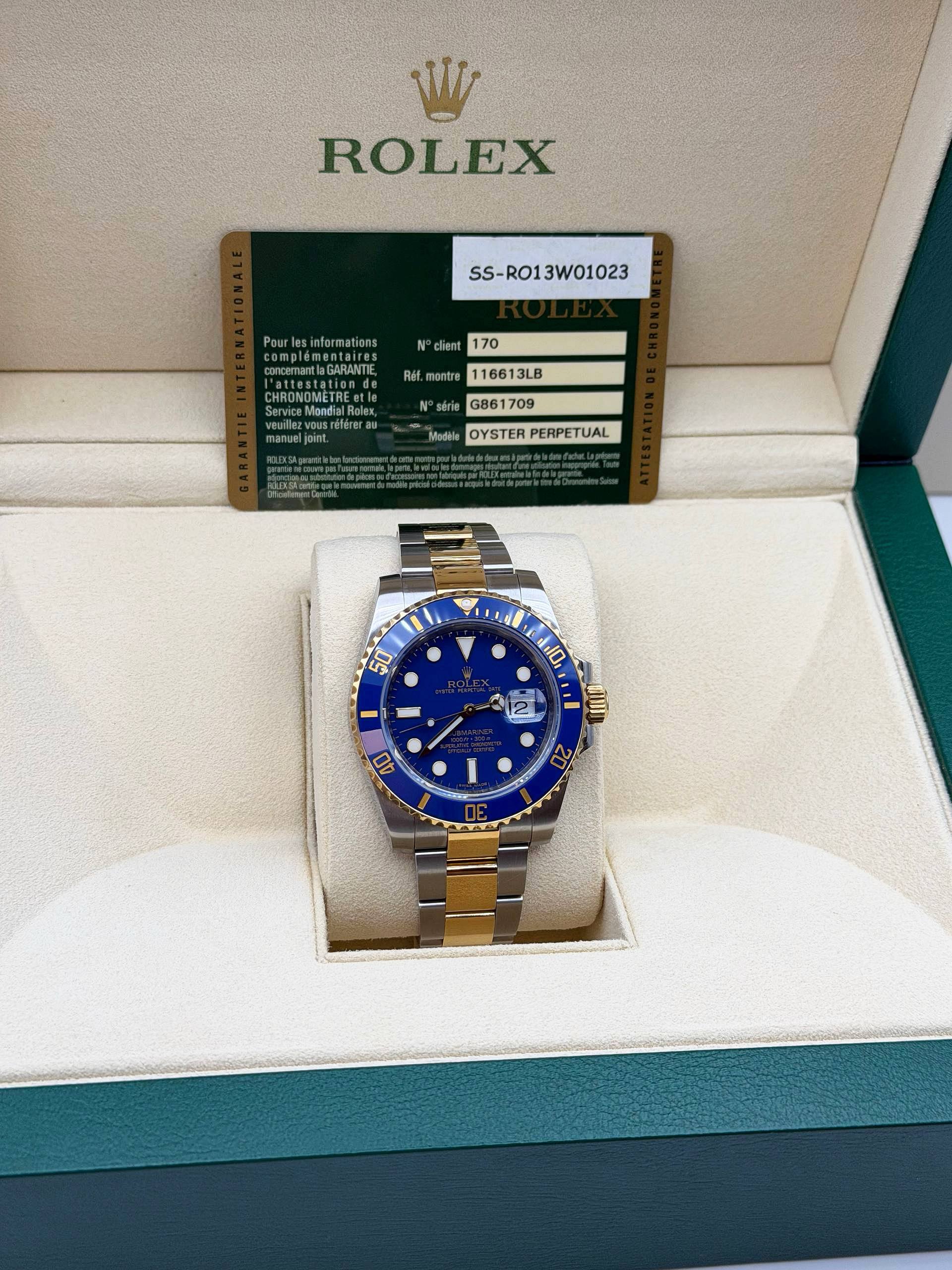 2013 Rolex Submariner 40mm Bluesy 18k yellow gold two tone stainless steel blue ceramic bezel blue dial 116613LB two ton