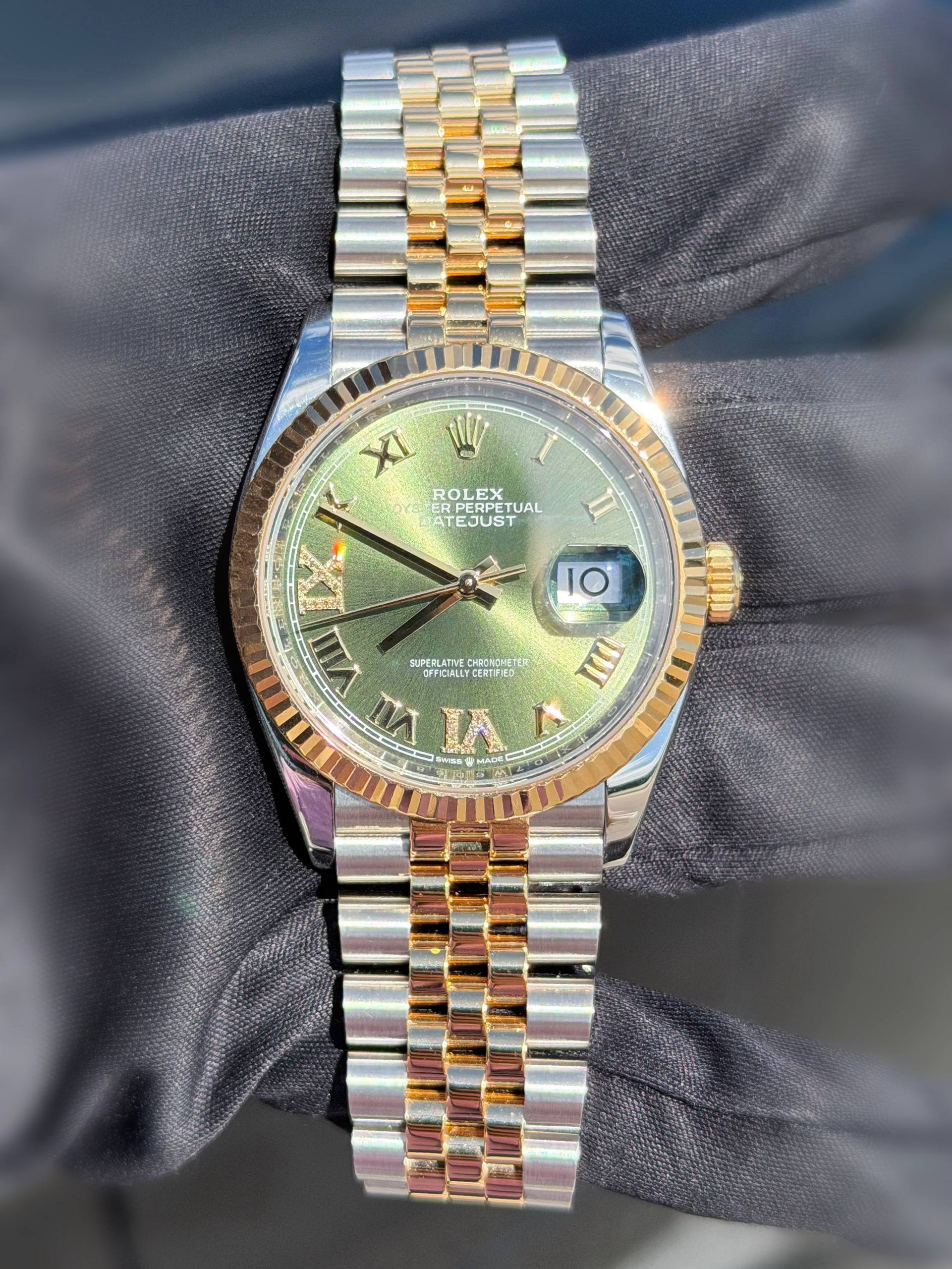 2022 Rolex Datejust 36mm 126233 Olive Green Roman Numeral Diamond 6 & 9 Dial 18k Yellow Gold Fluted Bezel Jubilee Bracel