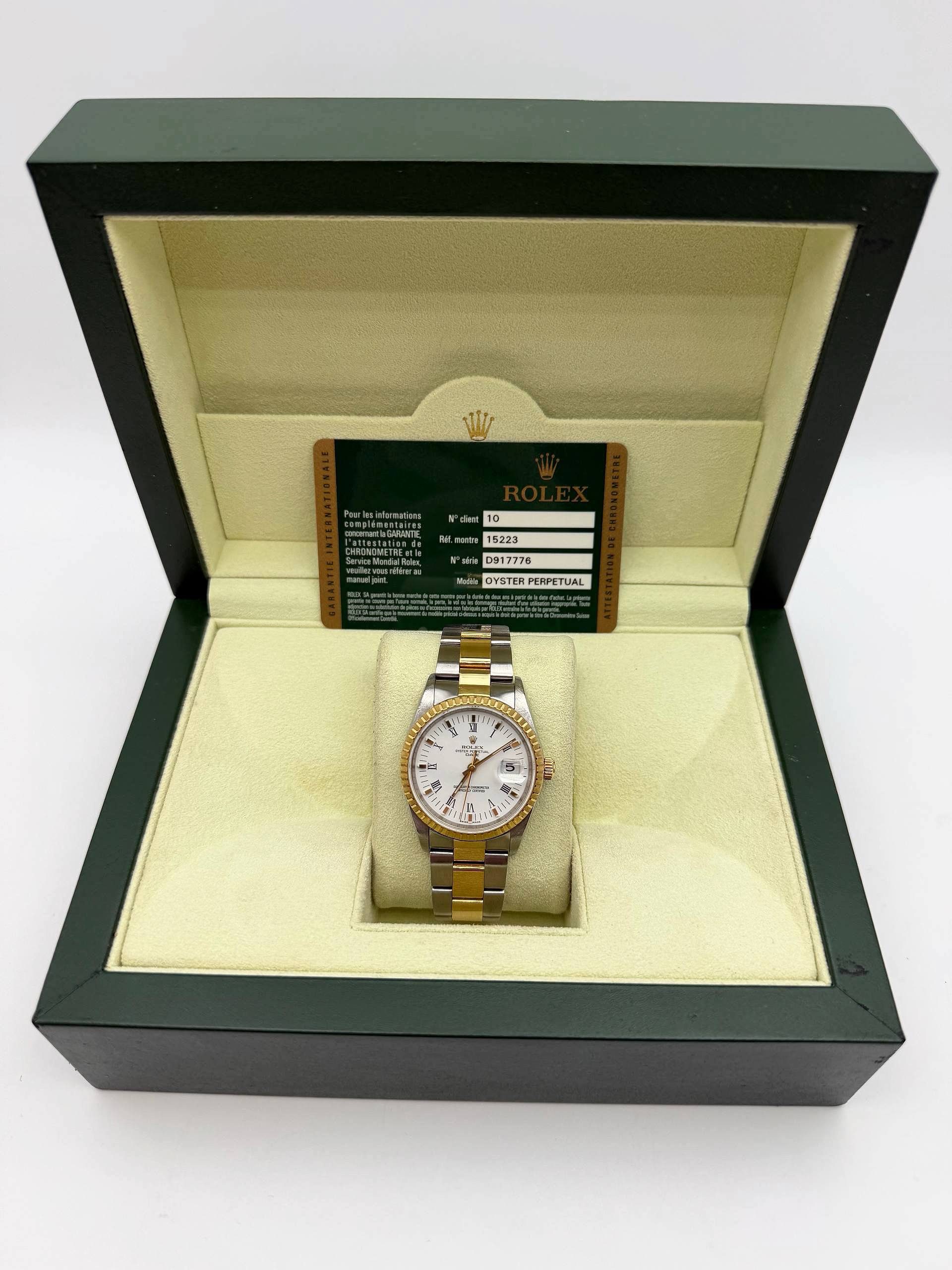 2007 Rolex Oyster Perpetual Date 34mm White Roman Dial 15233 Yellow Gold Fluted Bezel Two Tone Oyster Bracelet Box Card