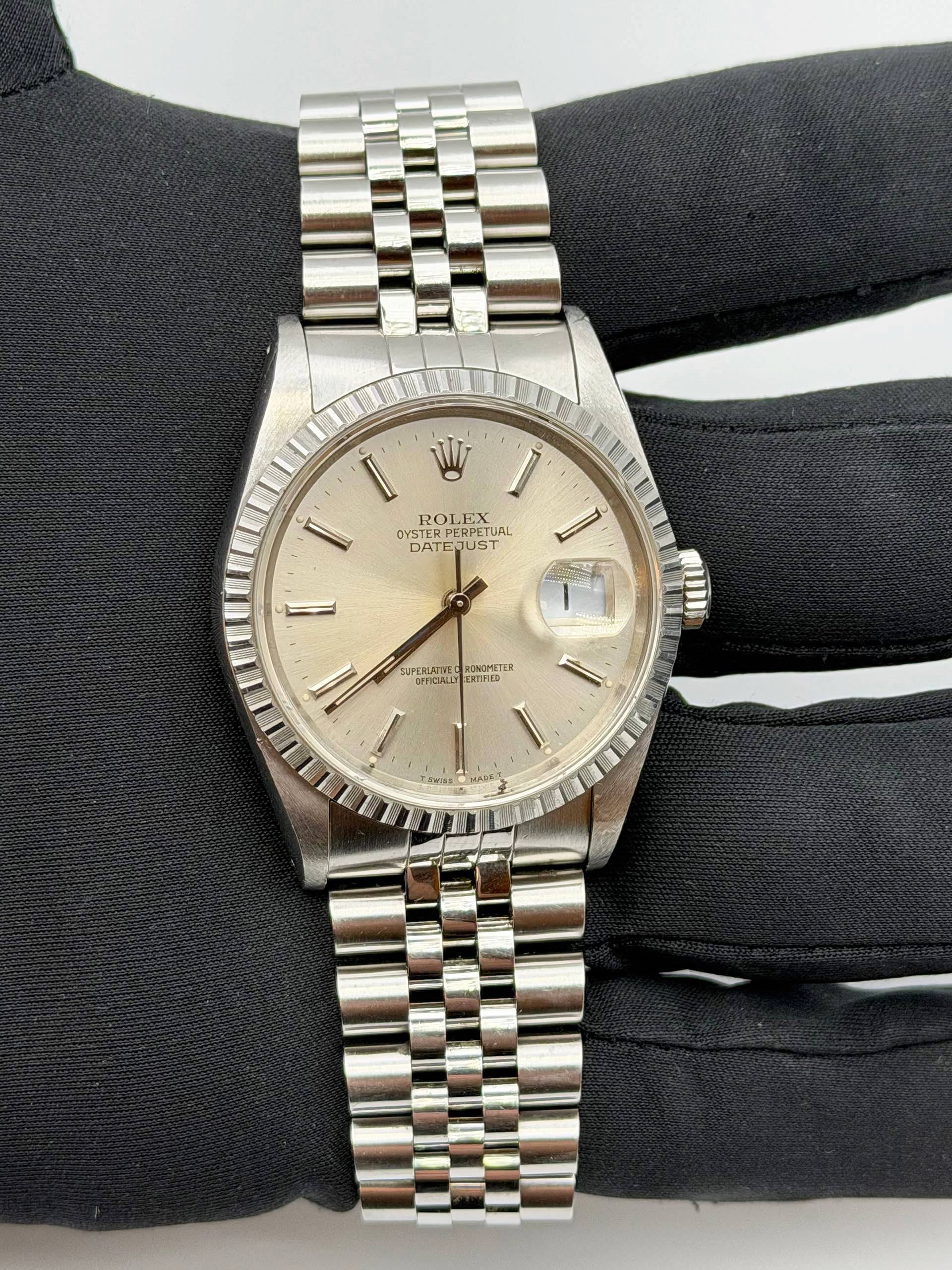 1991 Rolex Datejust 36mm 16220 Silver Dial Engine Turned Bezel Steel Long Tight Jubilee Bracelet Appraisal Papers