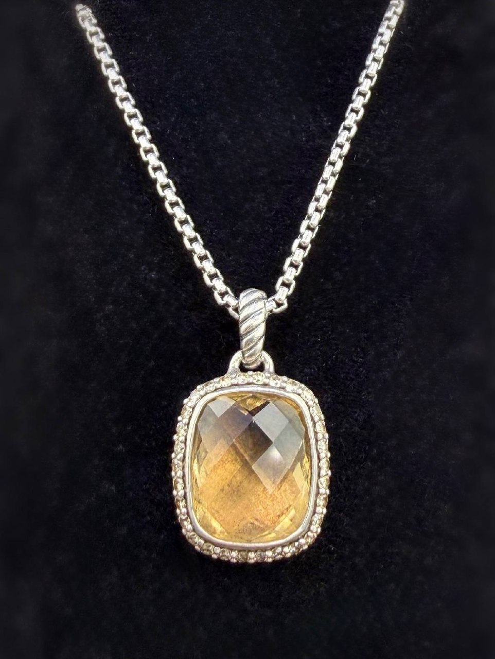 David Yurman 925 Sterling Silver Citrine Diamond Pendant Charm & Box Chain Necklace 17.5” 2mm