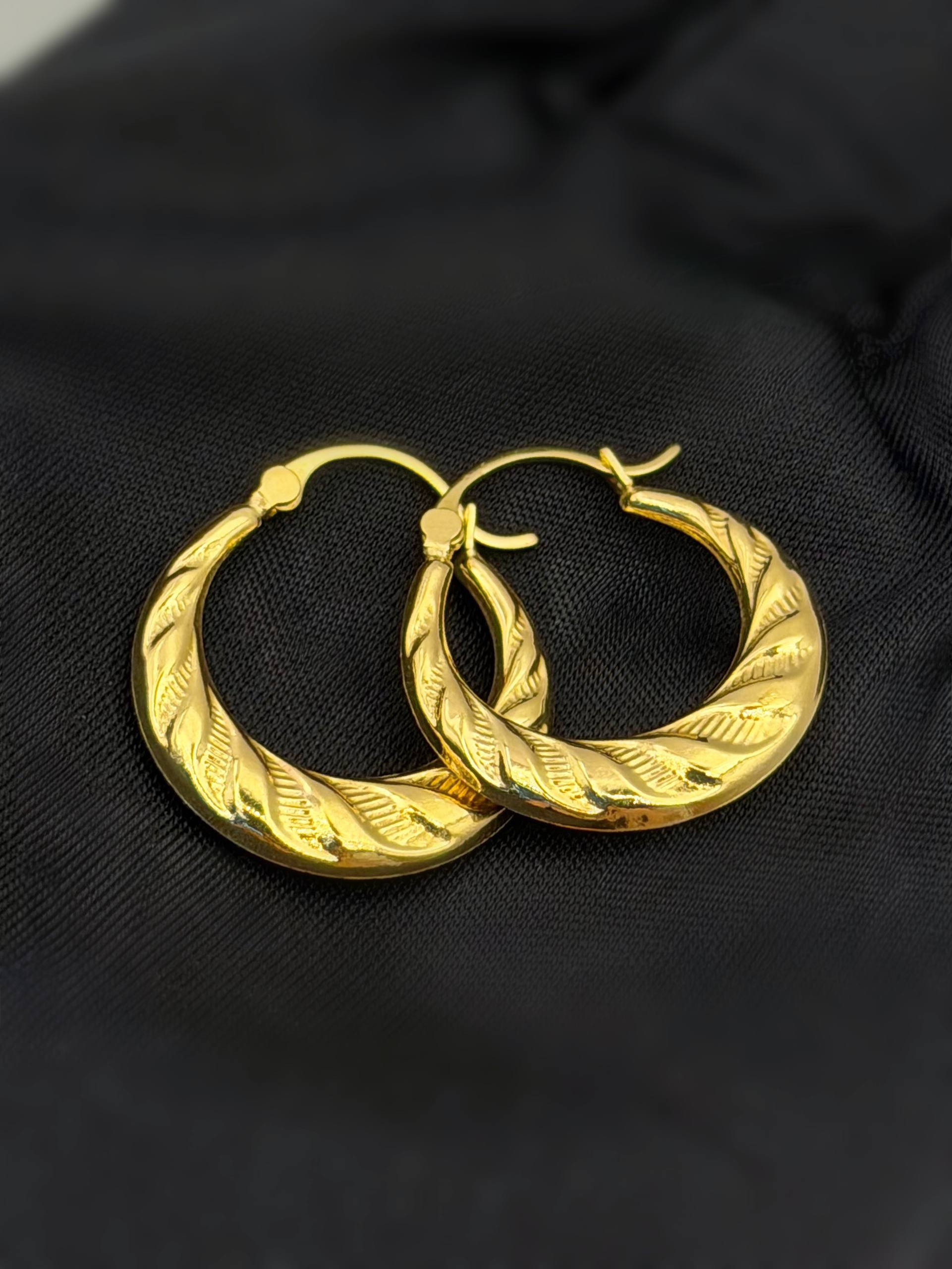 14k Solid Yellow Gold Textured Twisted Hoop Earrings 24mm