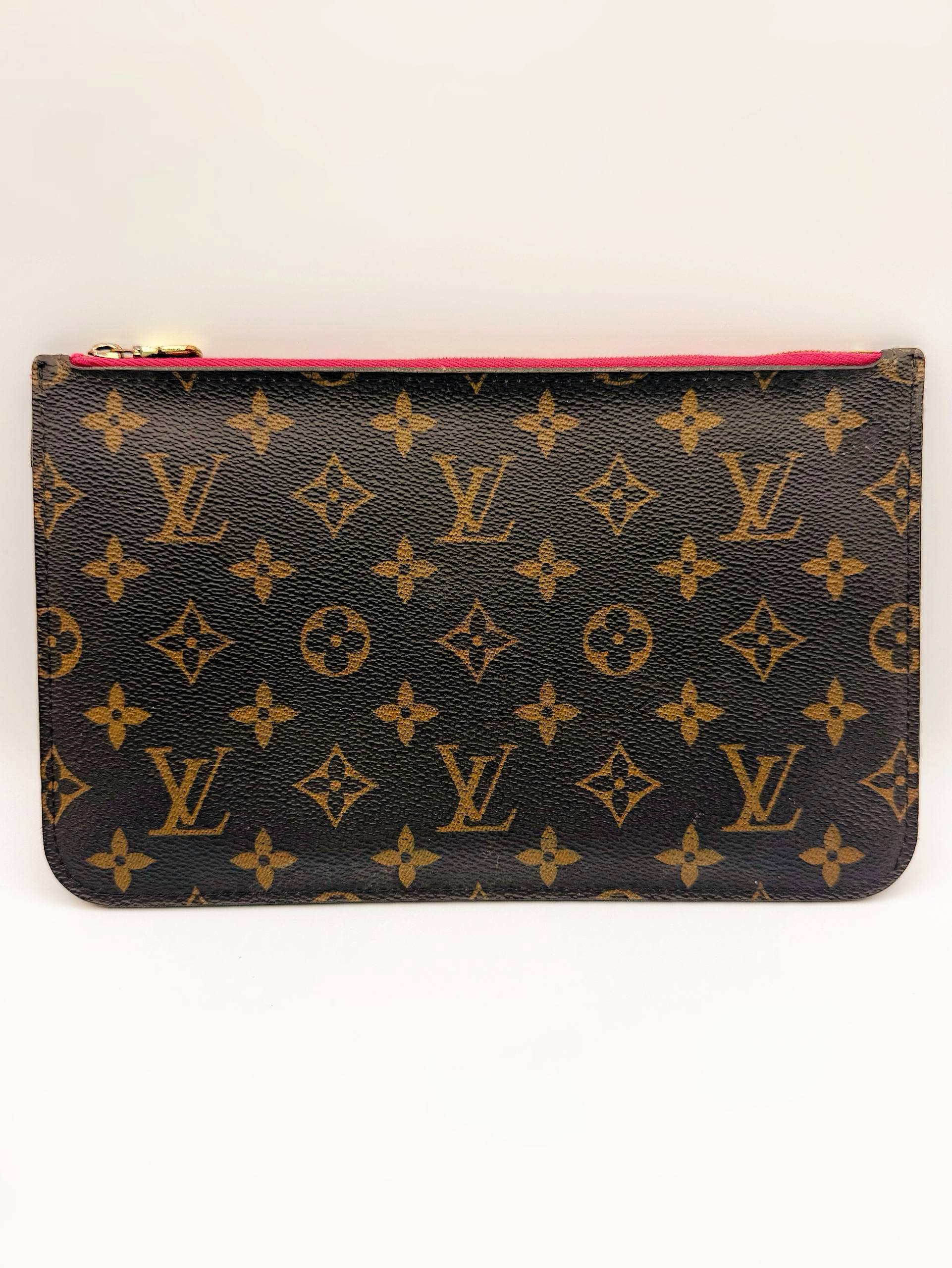 Louis Vuitton Monogram Brown Canvas Neverfull MM GM Pochette Fuchsia Pouch Clutch Bag