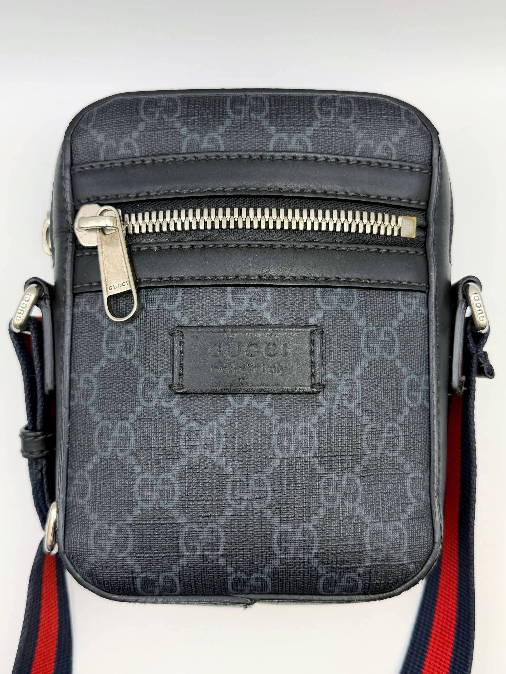 Gucci GG Supreme Monogram Black Grey Web Strap Small Messenger Crossbody Bag