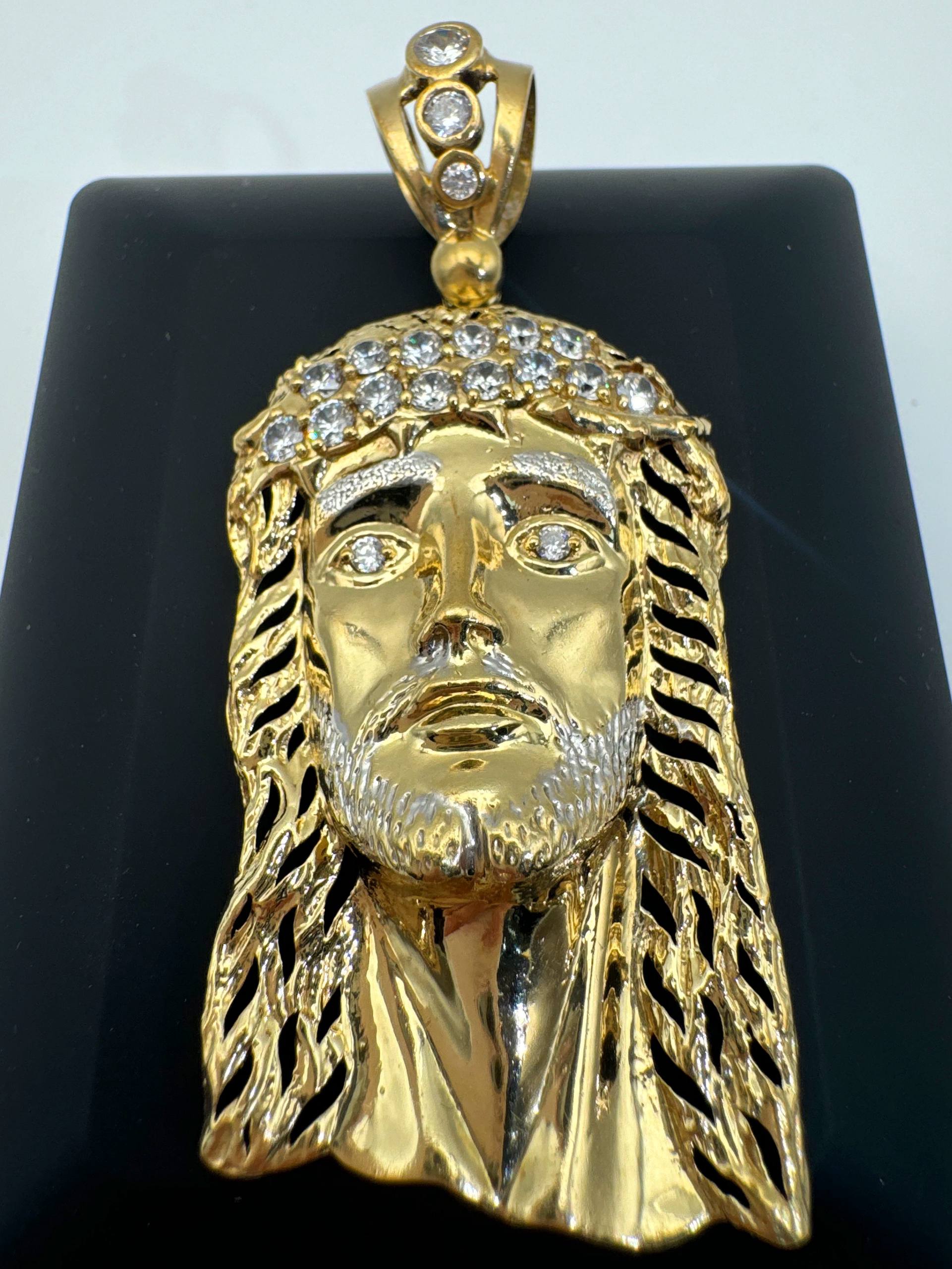 10k two tone gold CZ Stone Jesus Head Pendant Charm