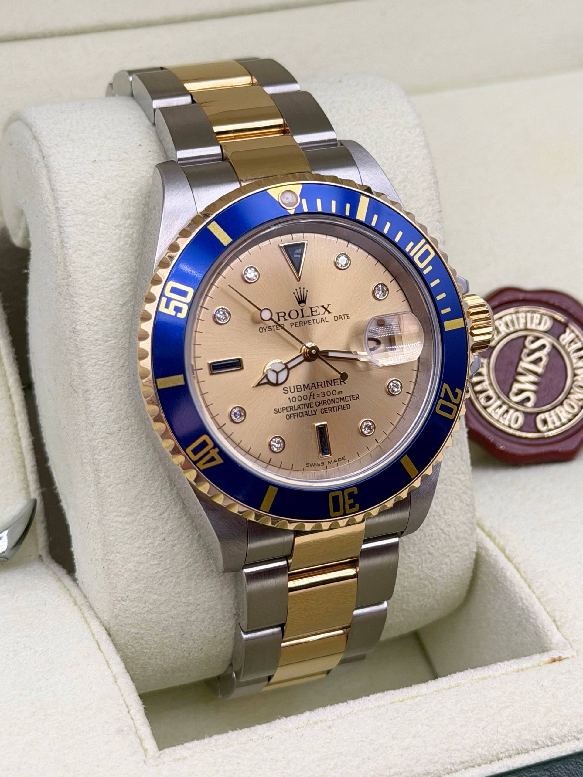 2005 Rolex Submariner 40mm Champagne Sultan Diamond Dial 16613 Box Booklets Tag