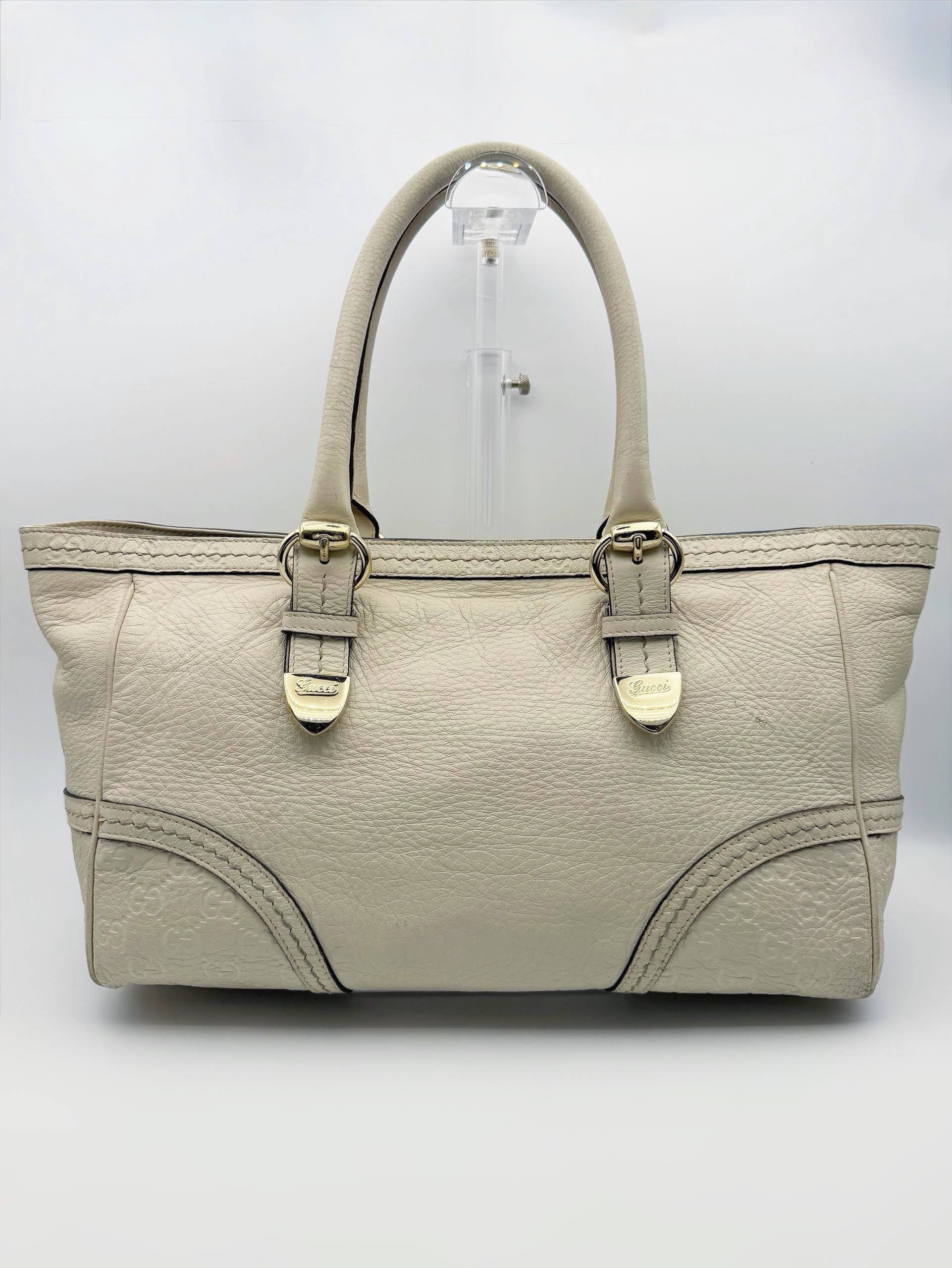 Gucci GG Signature Signoria Cream Ivory Leather Tote HandBag Bag
