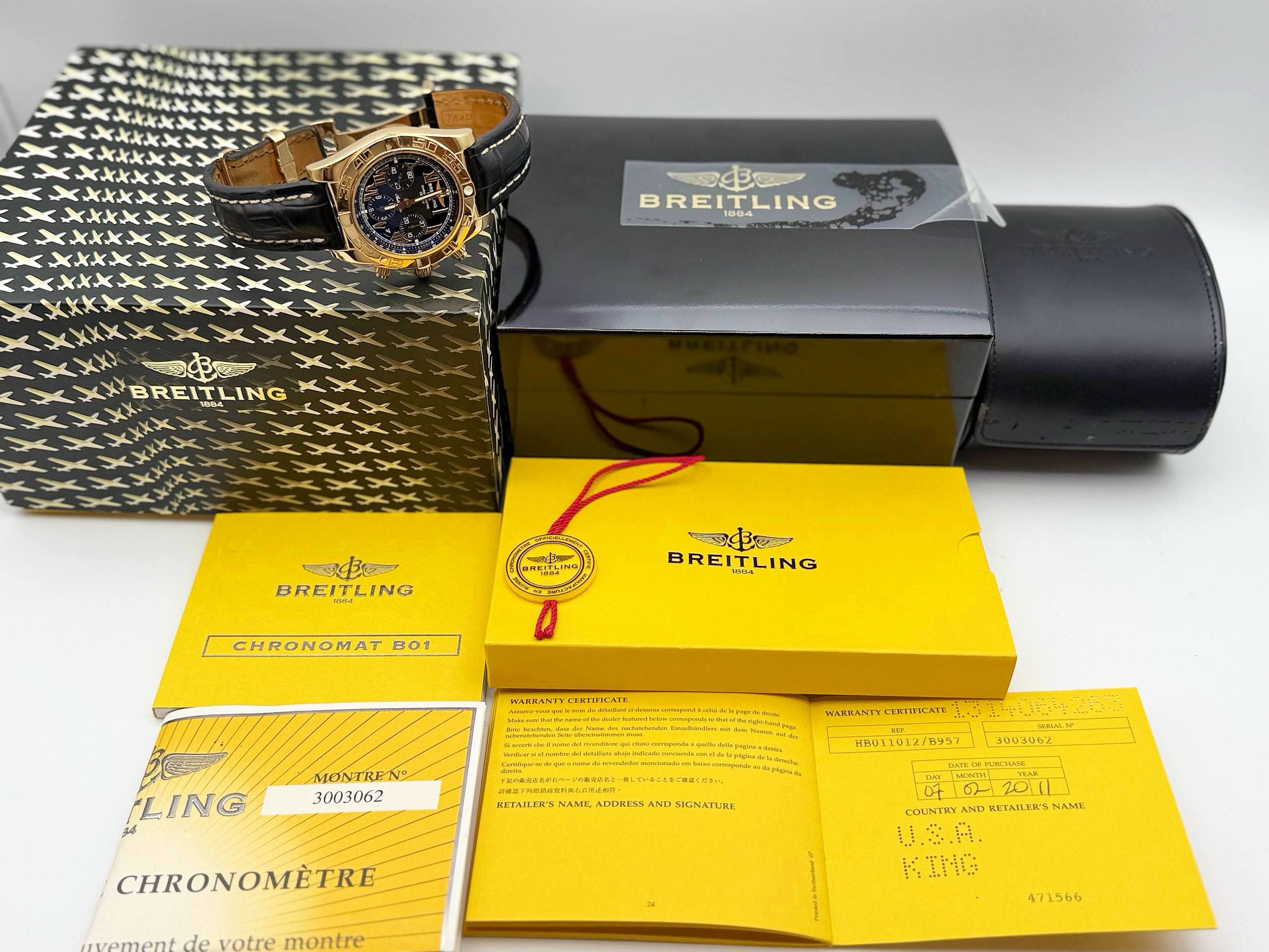Breitling Chronomat 44mm HB0110 Black Dial 18k Rose Gold Black Leather Band Box & Papers