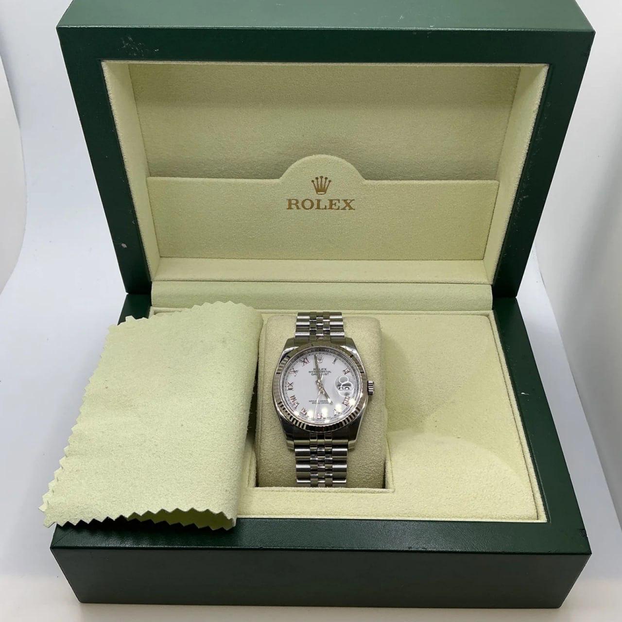 2007 Rolex Datejust 36mm 116234 White Roman Dial Stainless Steel Super Jubilee Bracelet Box & Appraisal Papers