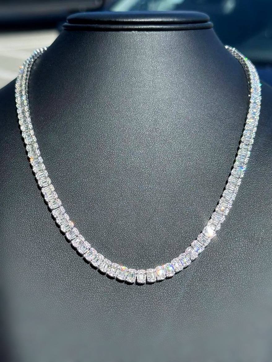 10k White Gold 17CTW Natural Baguette & Round Diamond Tennis Necklace 20” 6mm