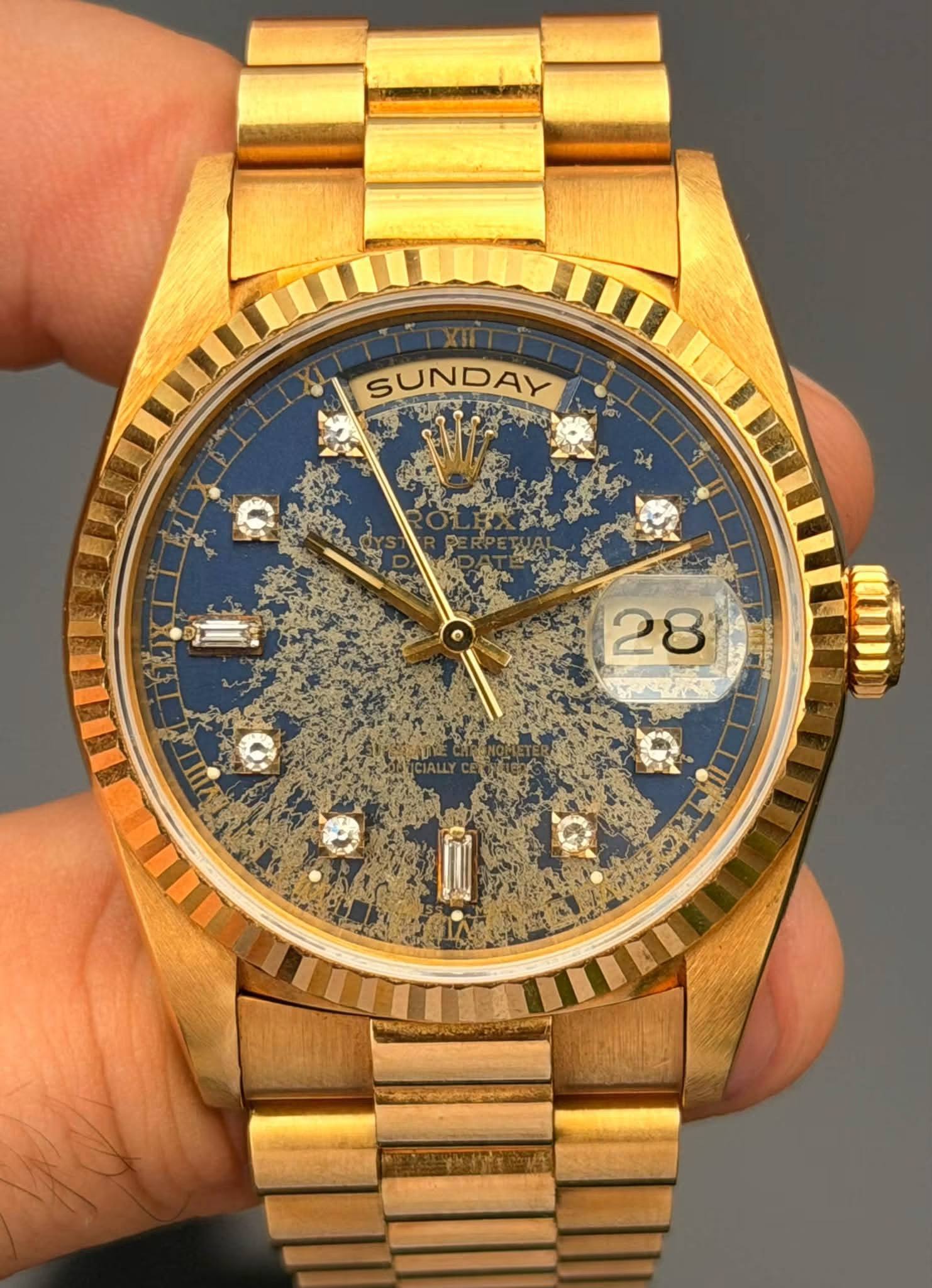 1991 Rolex Day-Date 18238 Blue Patina Baguette Diamond Dial Sticker 18k Solid Yellow Gold