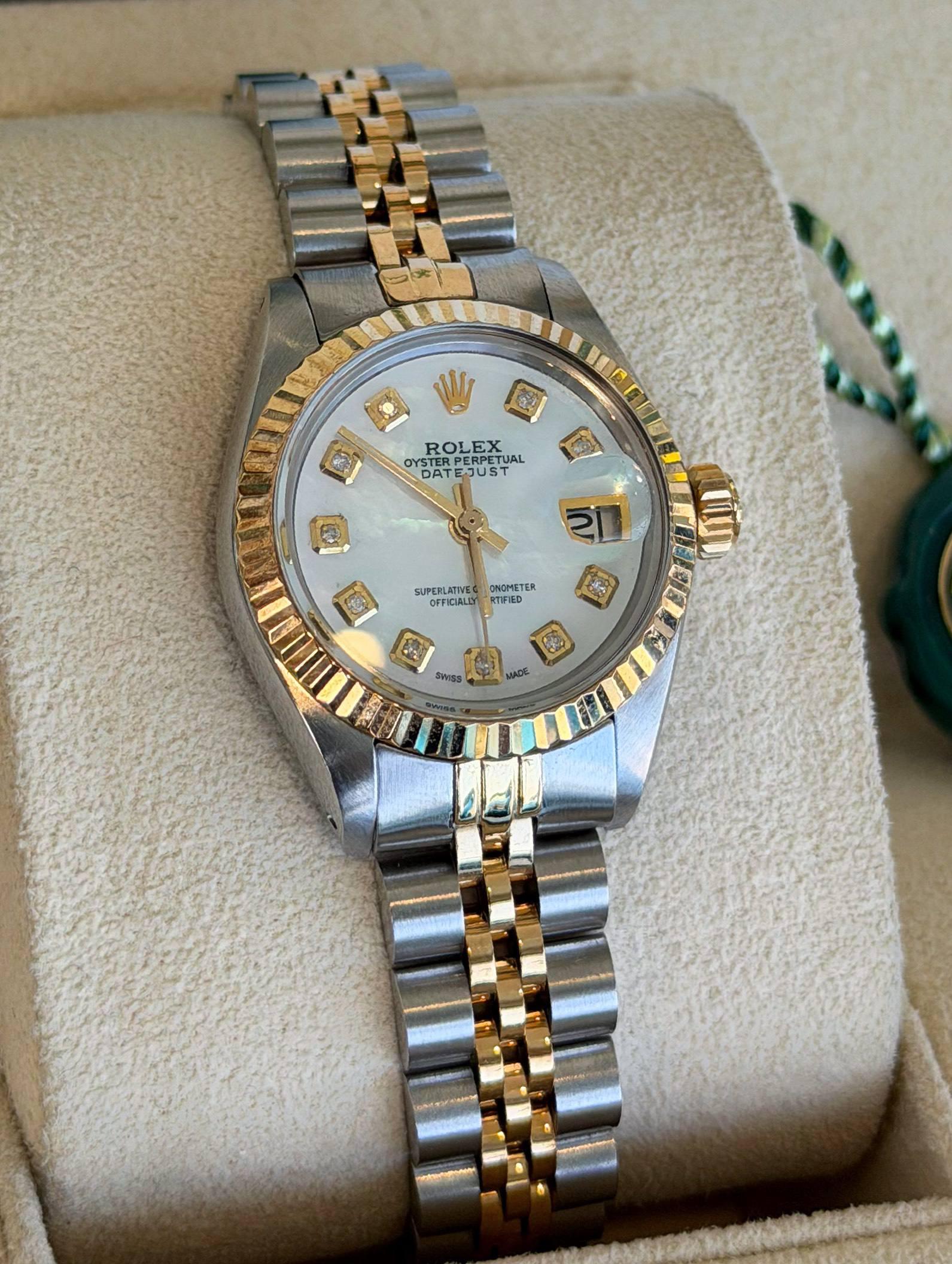 Rolex Datejust 26mm 69173 White MOP Custom Diamond Dial Fluted Bezel Ladies Watch 18k Gold & Steel Jubilee Bracelet