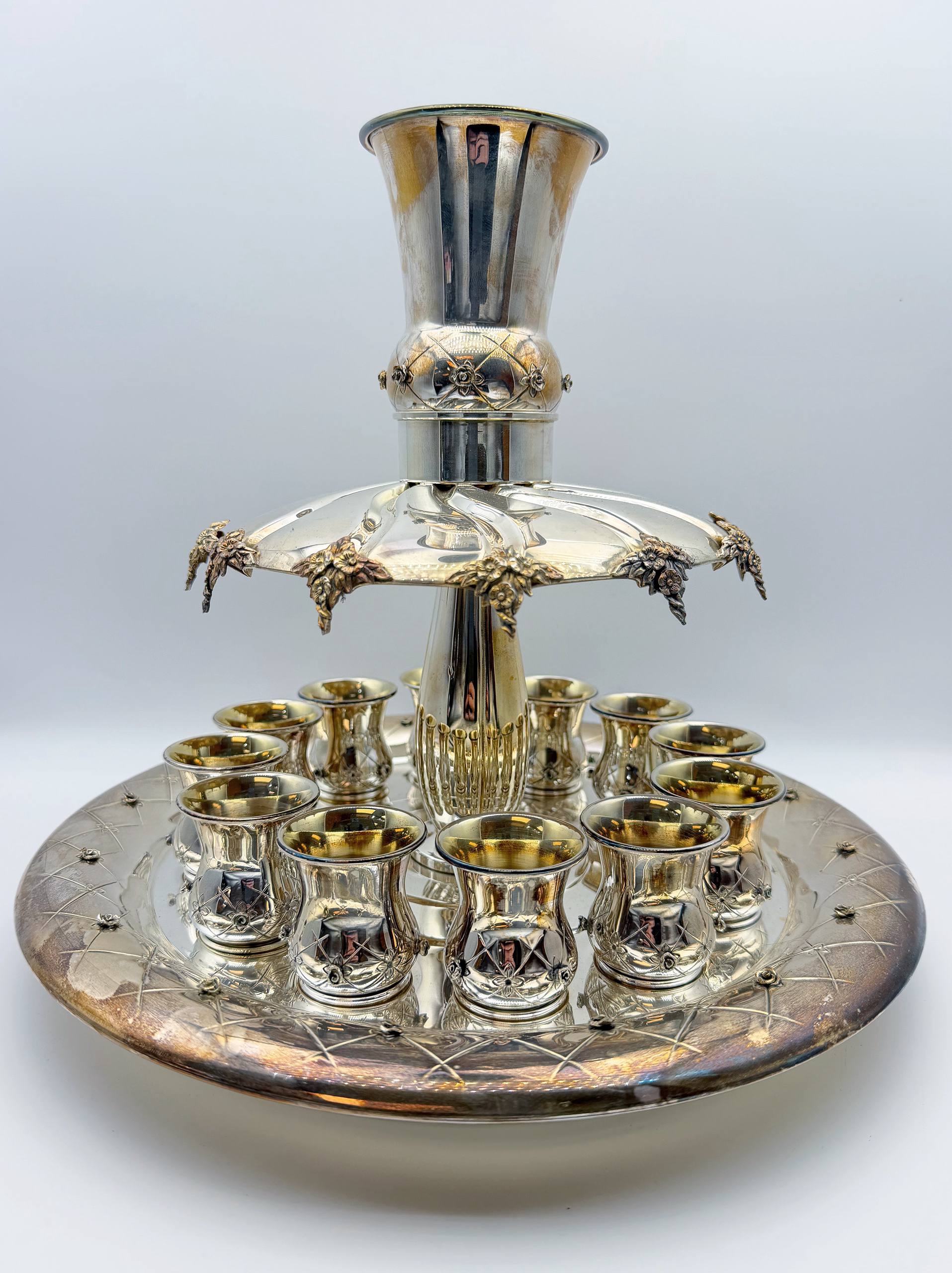 Hazorfirm Wine Fountain 12 Cups 925 Sterling Silver & Gold Plated Shabbat Holiday Decor Silverware