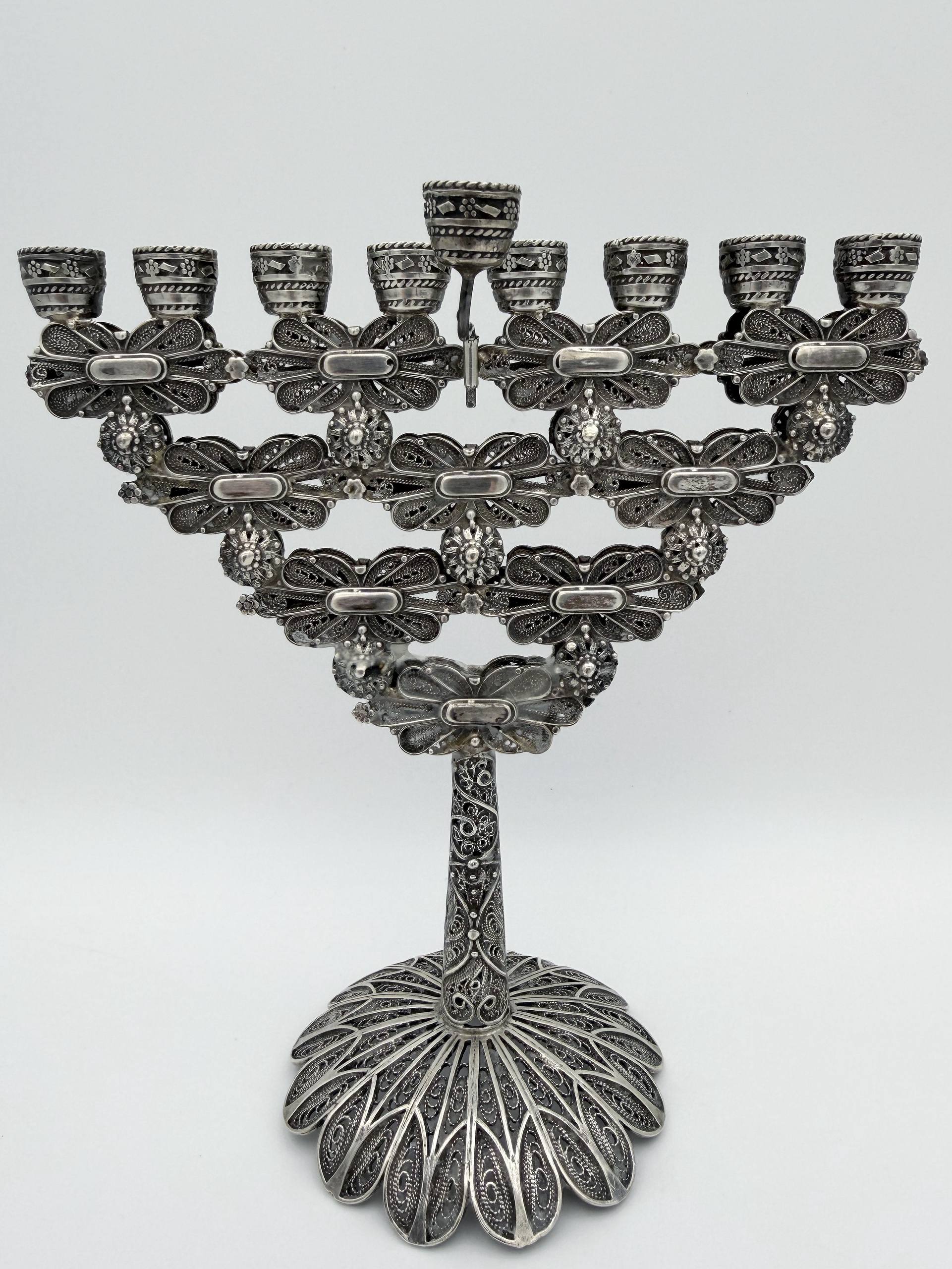 Handcrafted 925 Sterling Silver Deluxe Hanukkah Menorah With Floral Filigree Design Holiday Decor Candlestick