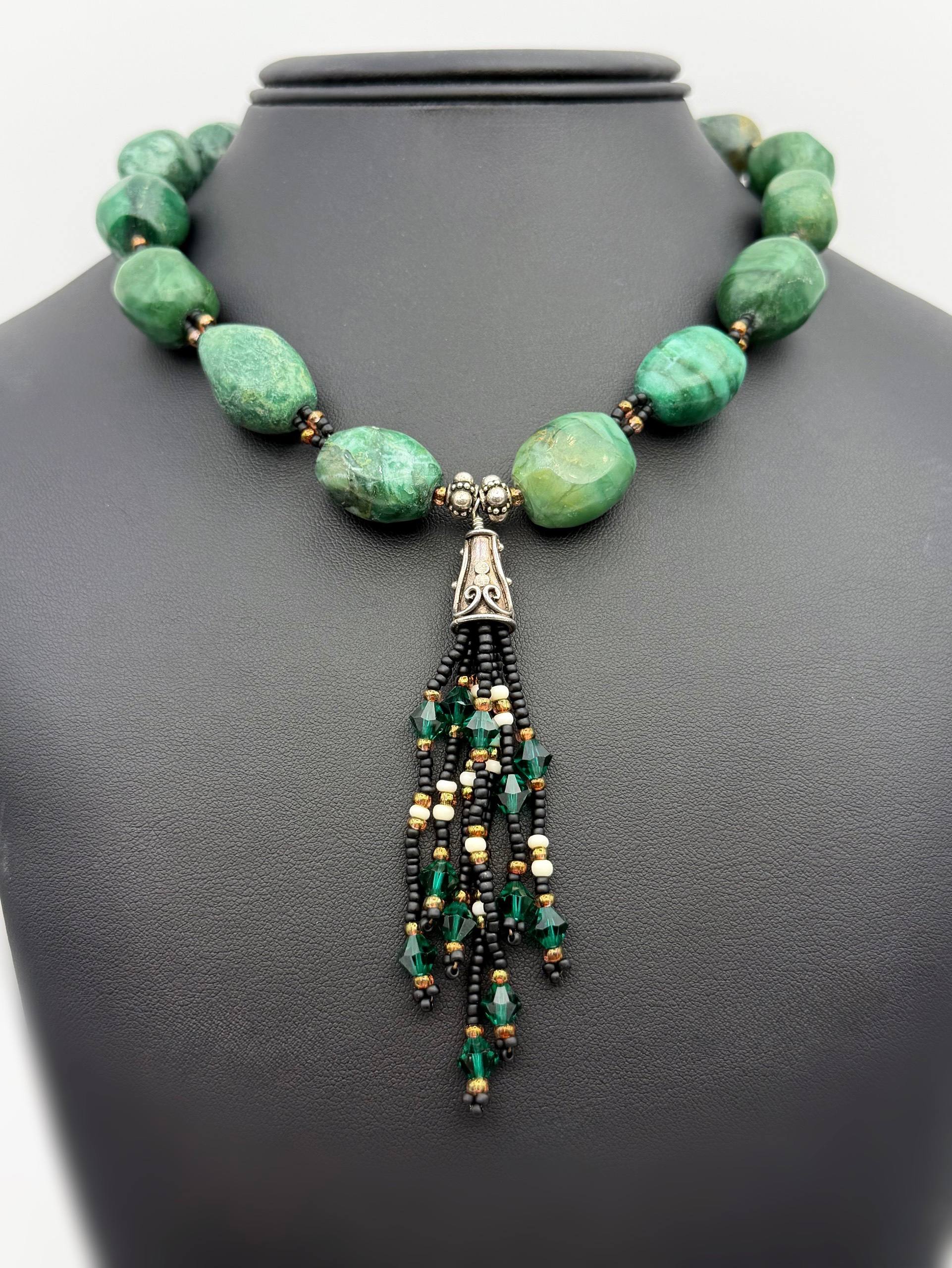 Vintage 925 Sterling Silver Natural Green Jade long Drop Massive Bead Necklace ✅” ✅mm