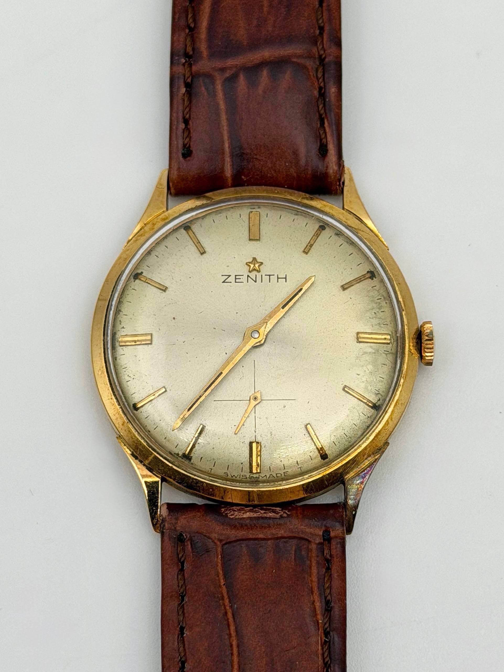 Vintage Zenith Stellina 18k Yellow Gold  Brown Leather Strap Watch Men’s Wristwatch
