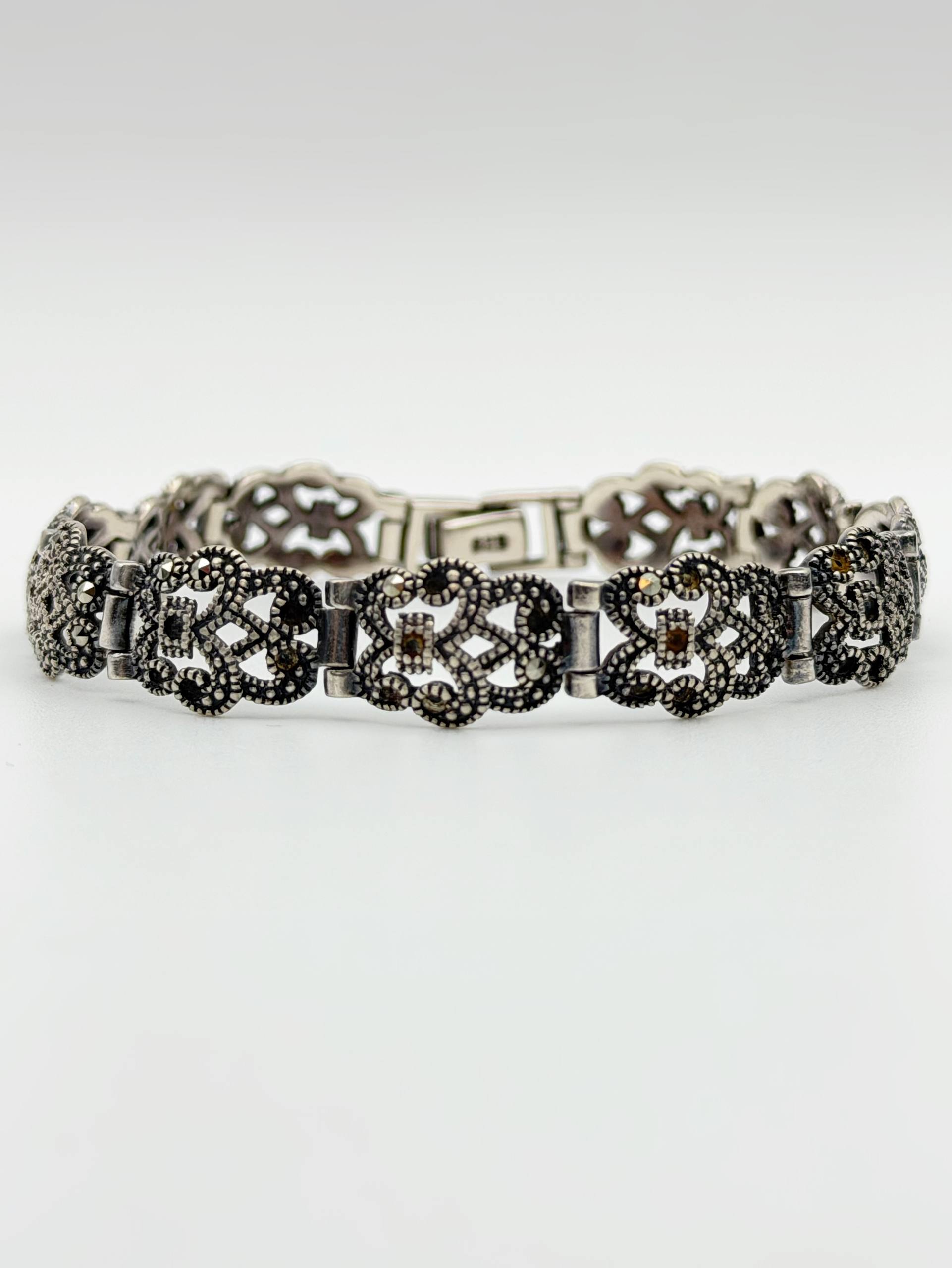 Art Deco Antique 925 Sterling Silver Marcasite Panel Patterned Bracelet 7.5” 11mm