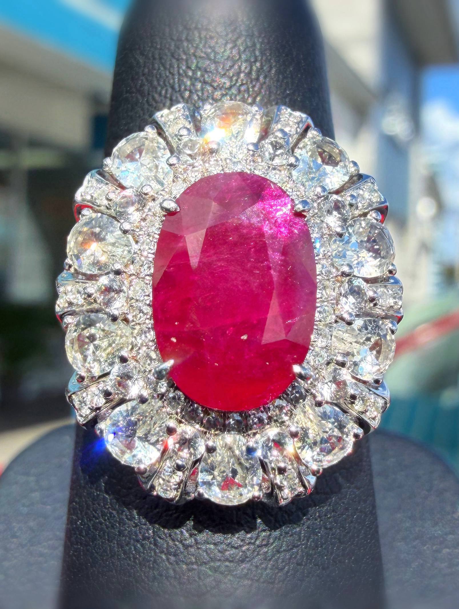 18k White Gold Natural 2.5 Ct Oval Red Ruby Diamond White Sapphire Antique Art Deco style Cocktail Engagement Ring sz6.5