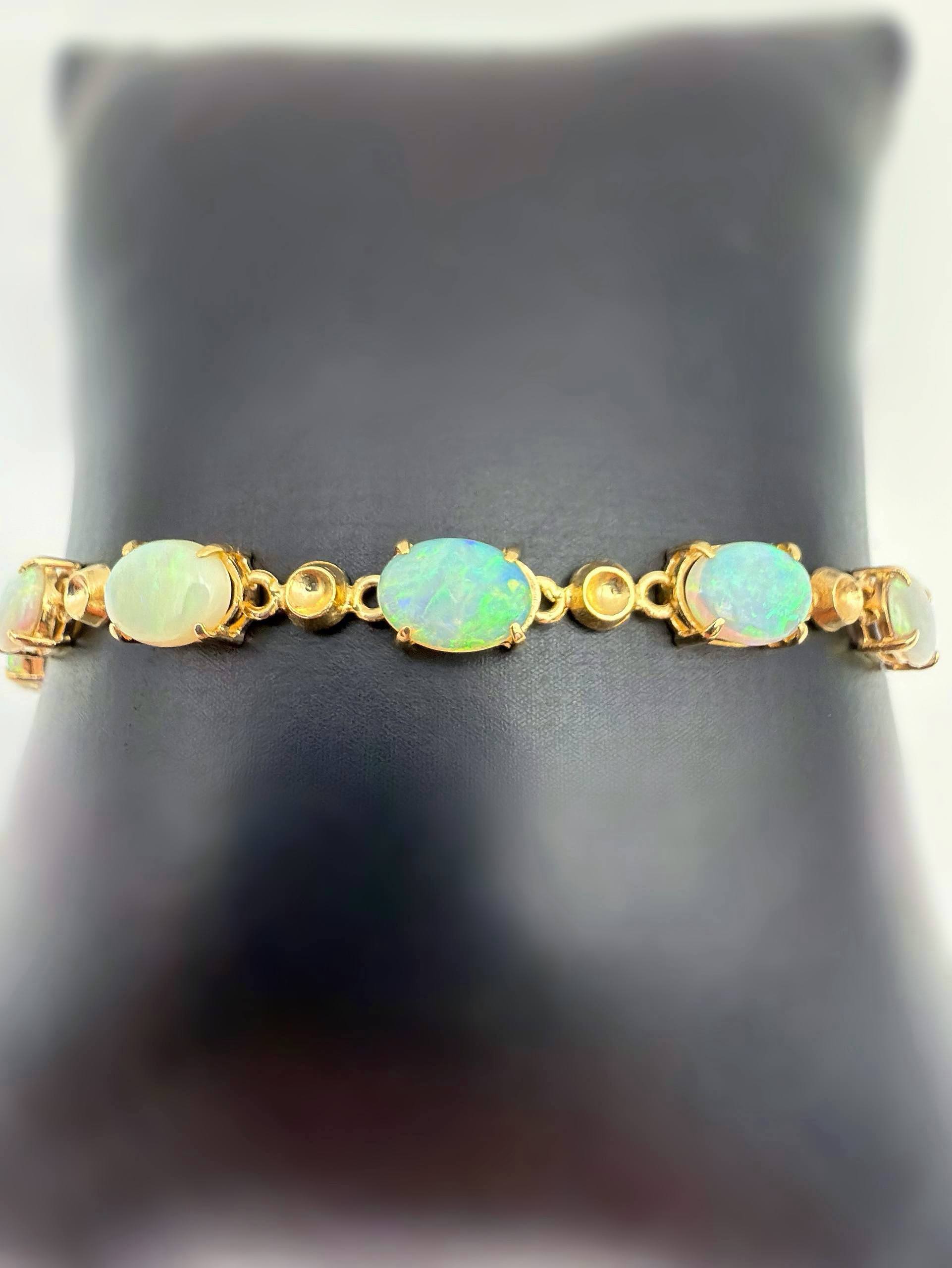 14k Solid Yellow Gold Natural Oval 4.5 CTW Opal Stone Wave Link Bracelet 7”